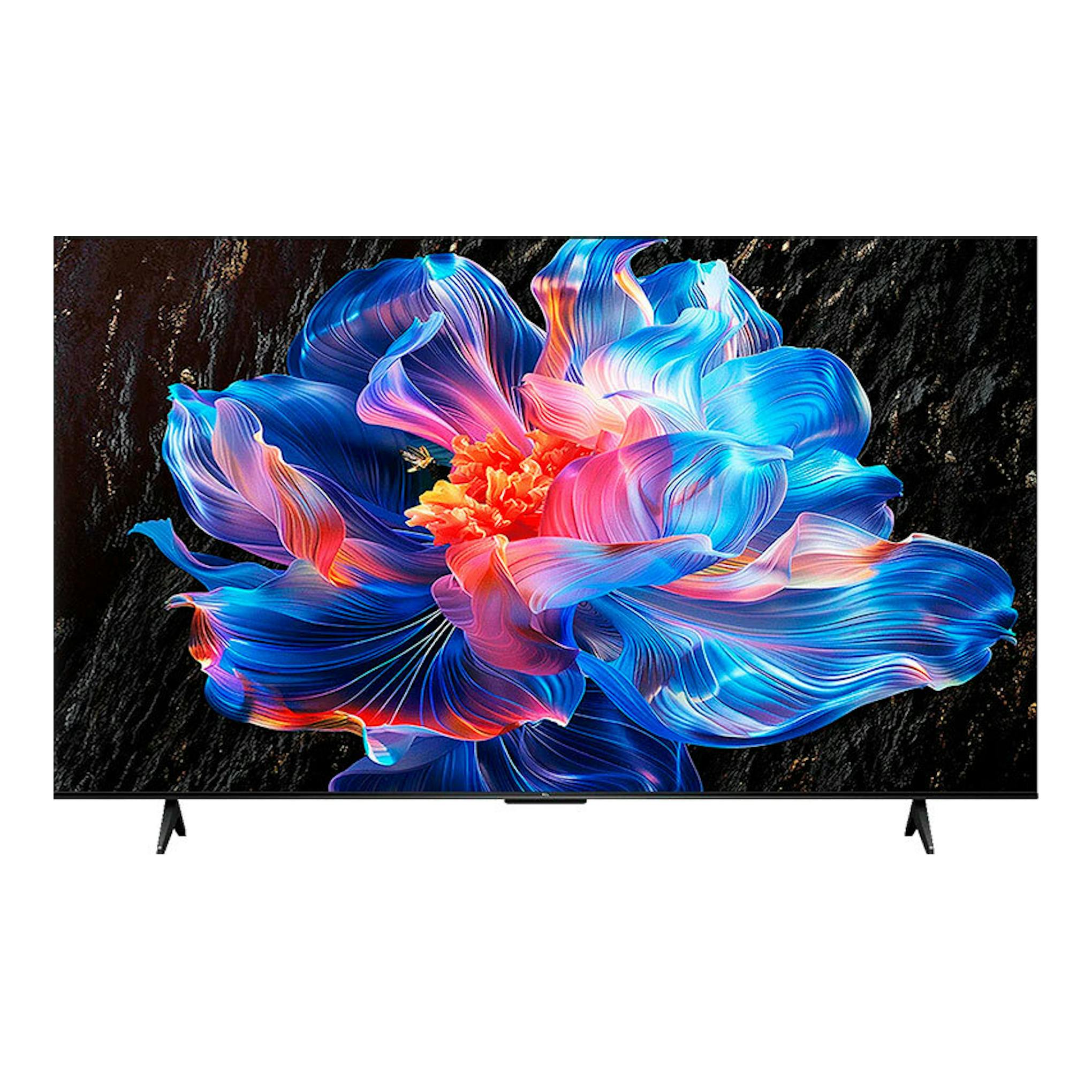 Televisor TCL 32S4K de frente, negro, con base en patas y pantalla con flor multicolor sobre fondo oscuro.