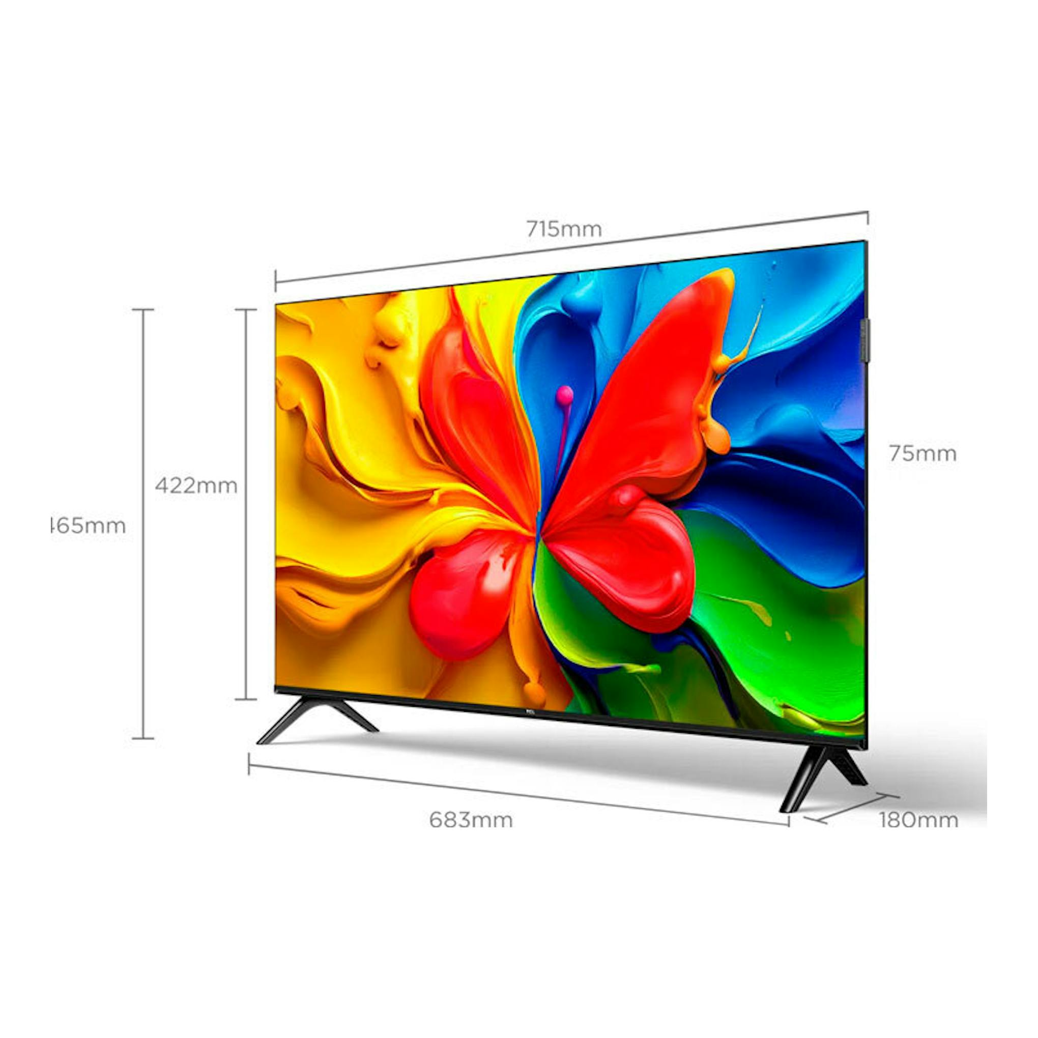 TV TCL 32S4K de 32", vista frontal en ángulo, pantalla multicolor sobre fondo blanco.