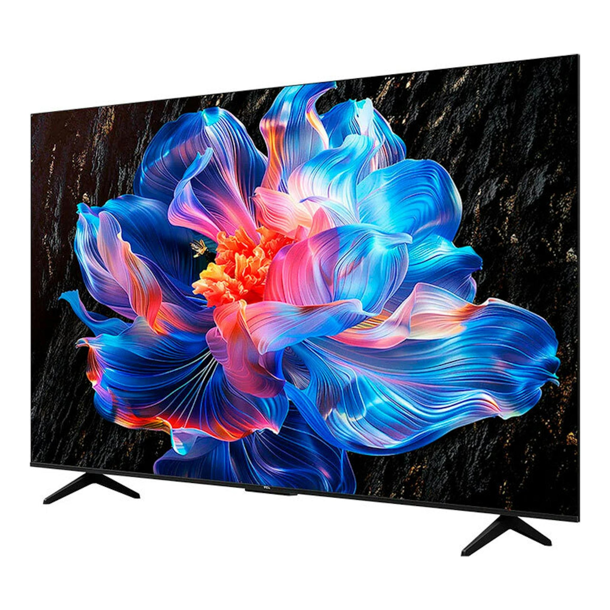 TV TCL 32S4K QLED HD de 32", vista frontal en ángulo, pantalla con flor multicolor y base negra