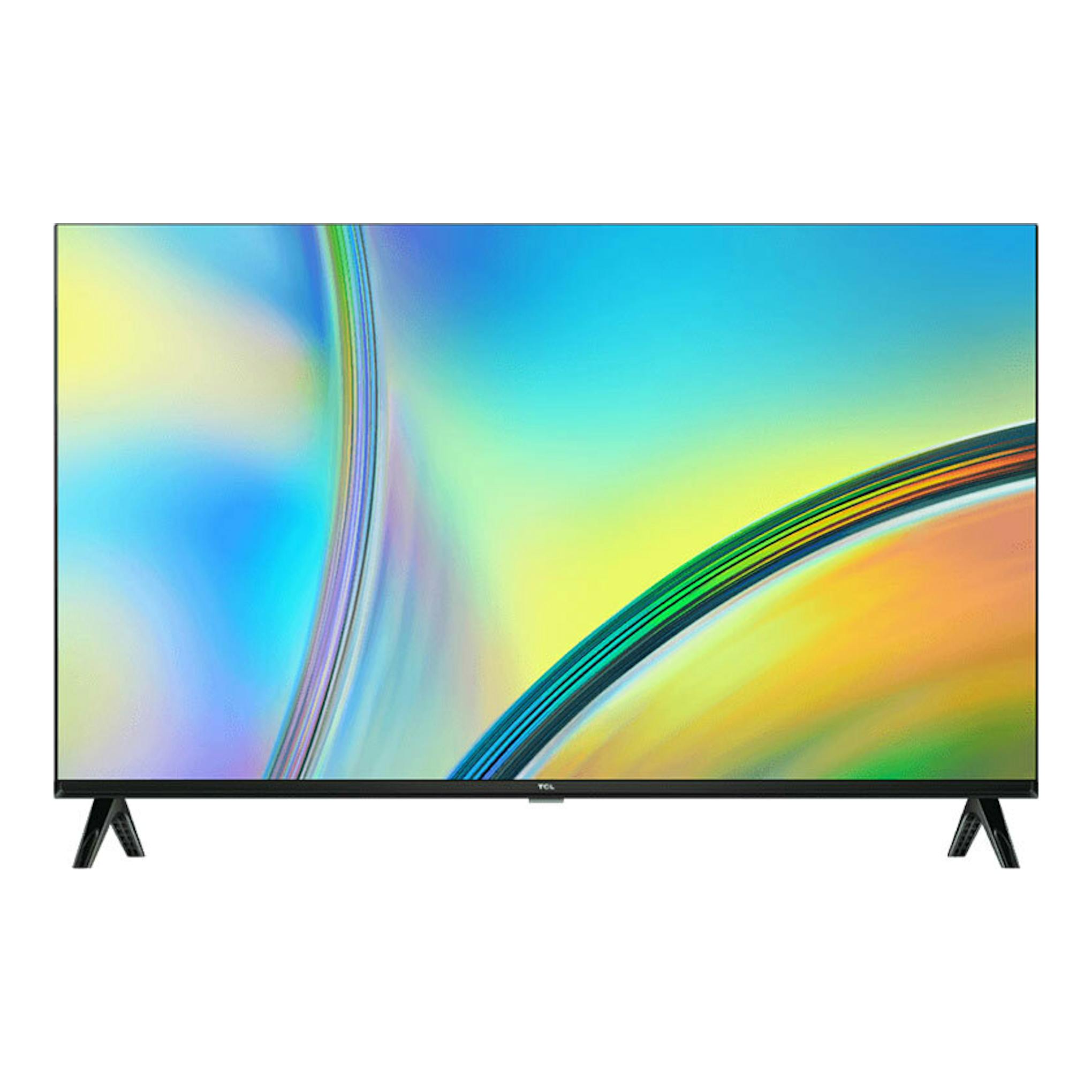 TV TCL 32S5400AF LED de 32”, vista frontal, marco negro y dos patas, pantalla con fondo abstracto multicolor.