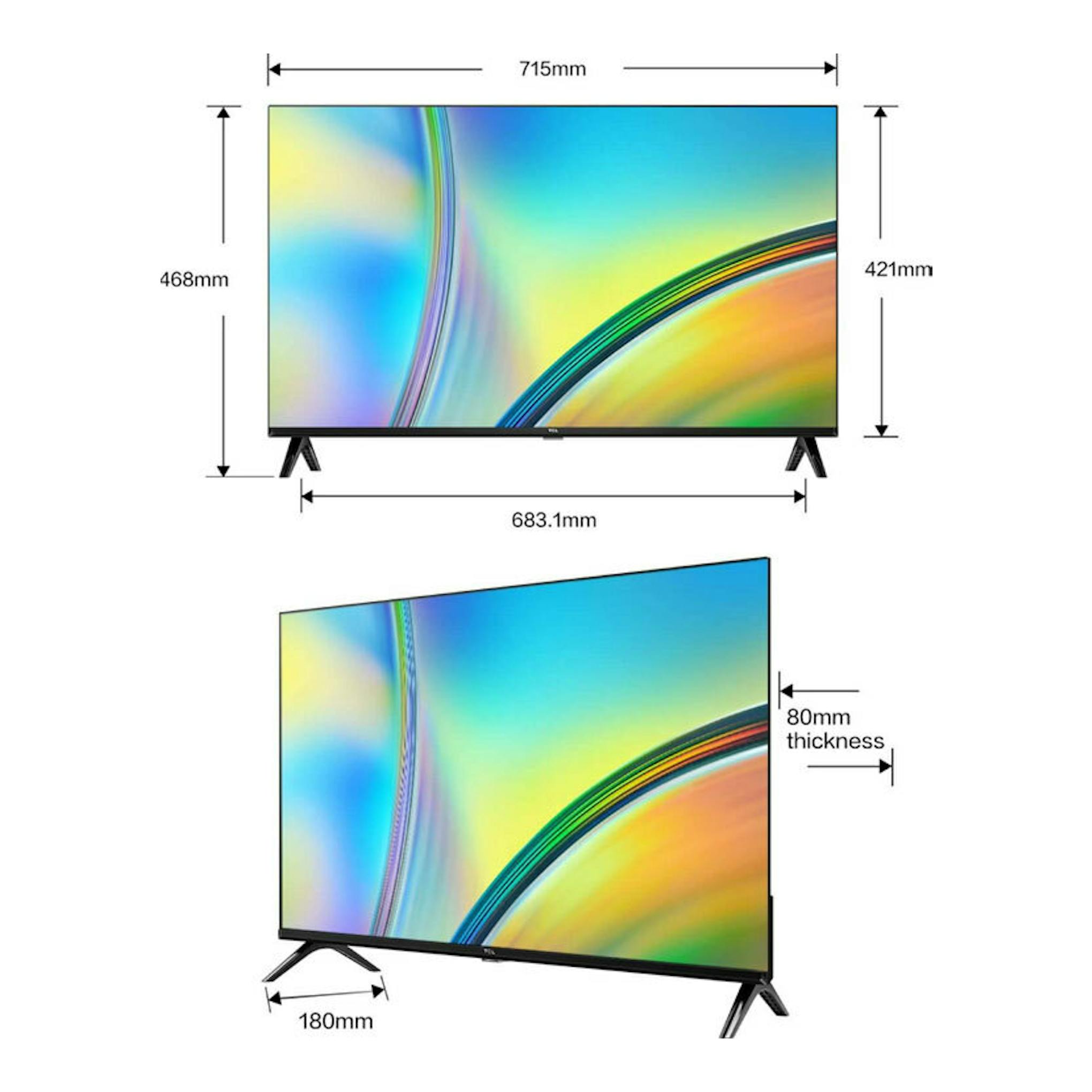 TV TCL 32S5400AF LED de 32'', vista frontal y lateral sobre fondo blanco con medidas.