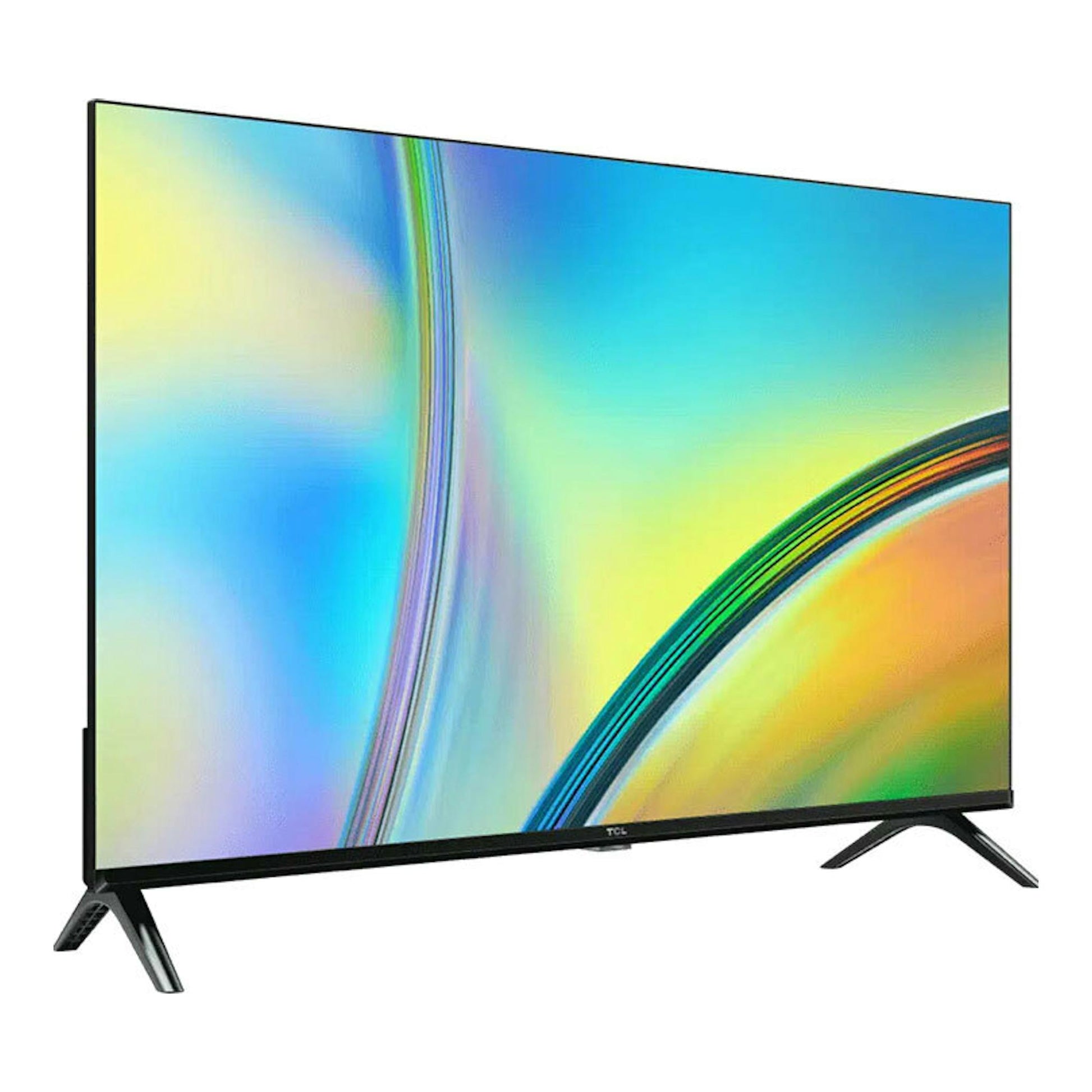 Televisor TCL 32S5400AF LED de 32 pulgadas, vista frontal en ángulo, pantalla con fondo multicolor y patas negras.