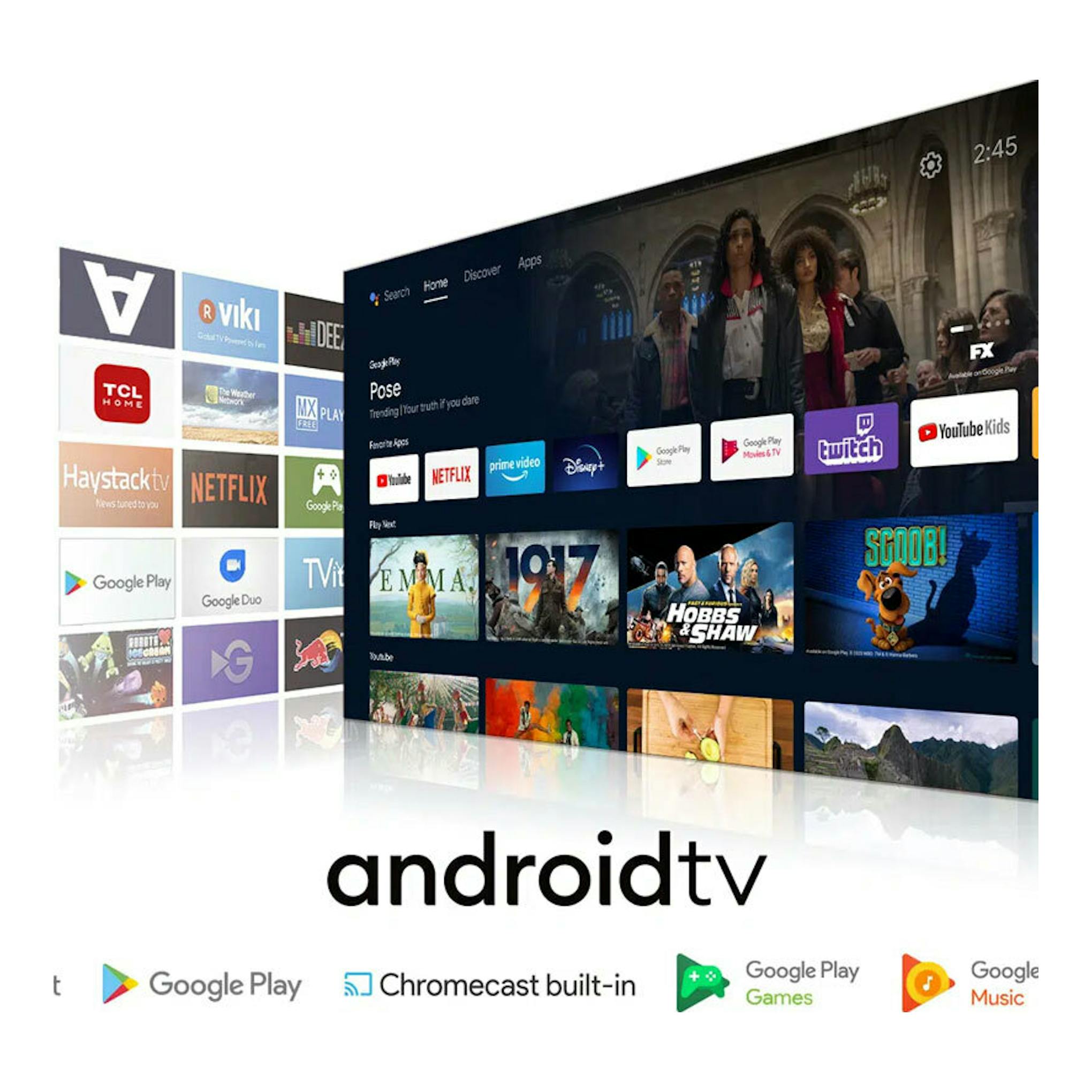 TCL 32S5400AF: televisor LED negro con interfaz Android TV, visto en ángulo frontal.