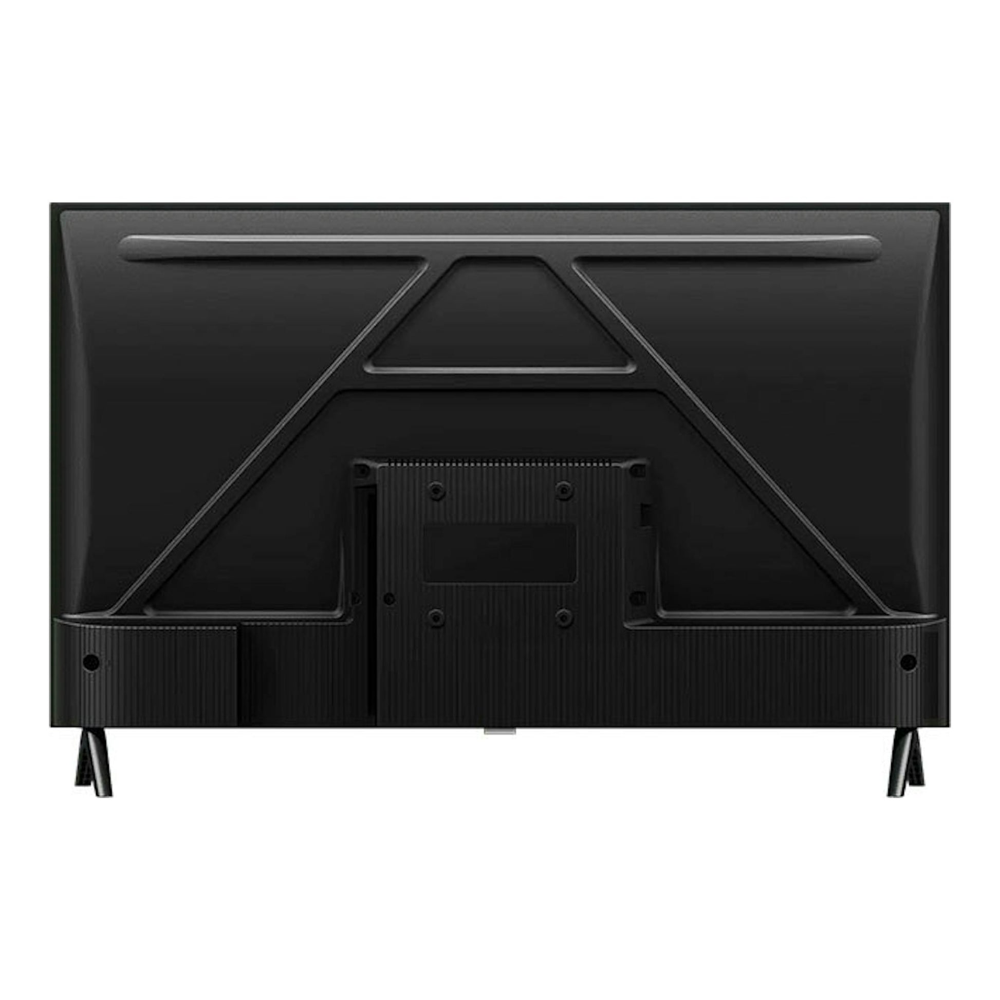 Vista trasera de un televisor TCL 32S5400AF LED de 32 pulgadas, negro, con patas y soporte VESA.