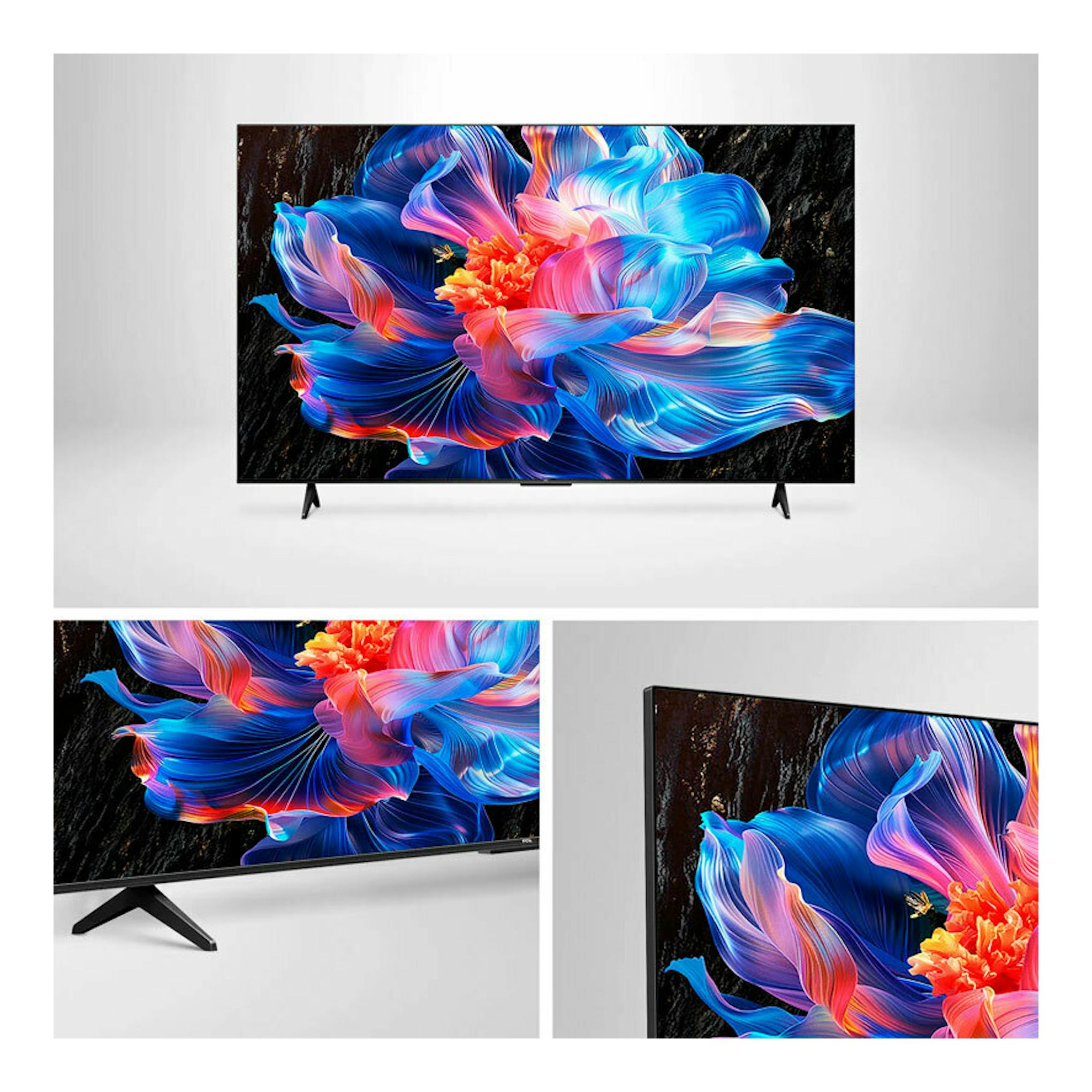 Televisor TCL 43P6K LED 4K de 43 pulgadas, vista frontal y ángulo lateral, con marco negro y patas.