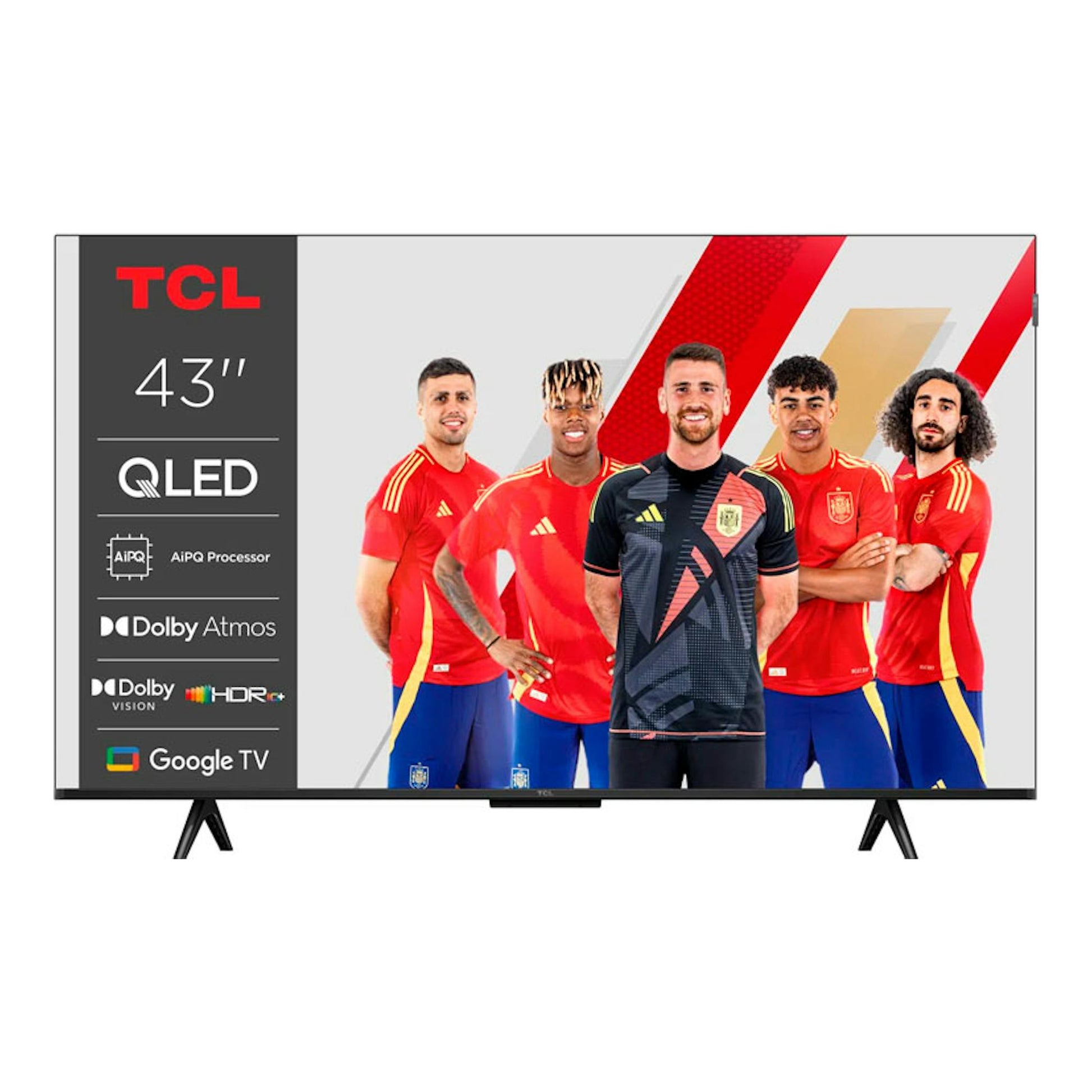 TV TCL 43P7K QLED de 43 pulgadas, vista frontal, con pantalla de futbolistas y logo de Google TV.