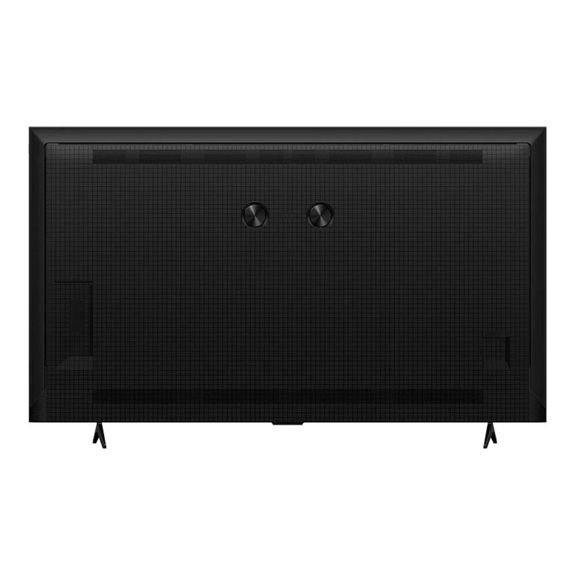 Televisor TCL 50P7K QLED 4K de 50 pulgadas, vista trasera en color negro, con dos patas.