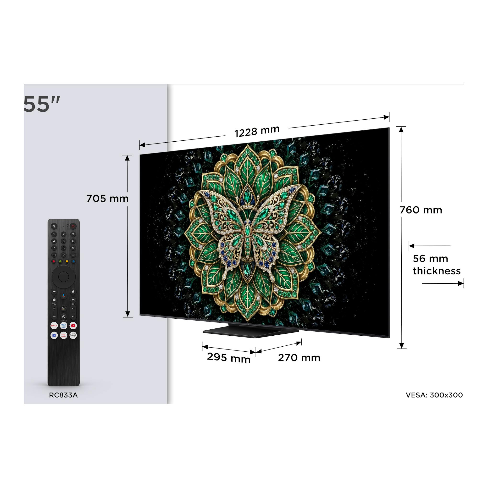 Televisor TCL 55C6K Pro de 55", vista frontal en ángulo, con mando a distancia y medidas de 1228 x 760 mm.