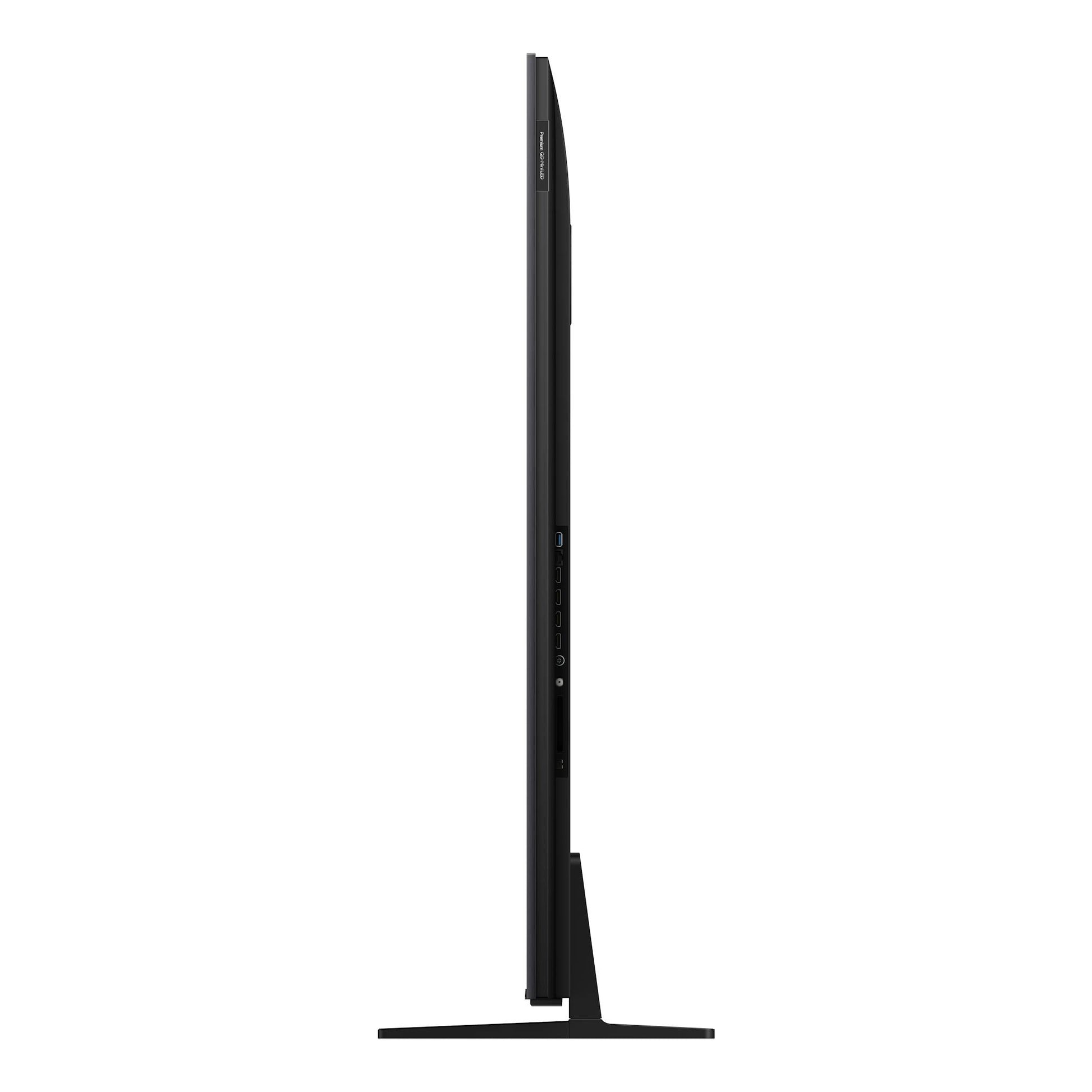 Televisor TCL 65C6K Pro negro, vista lateral con peana y puertos laterales.