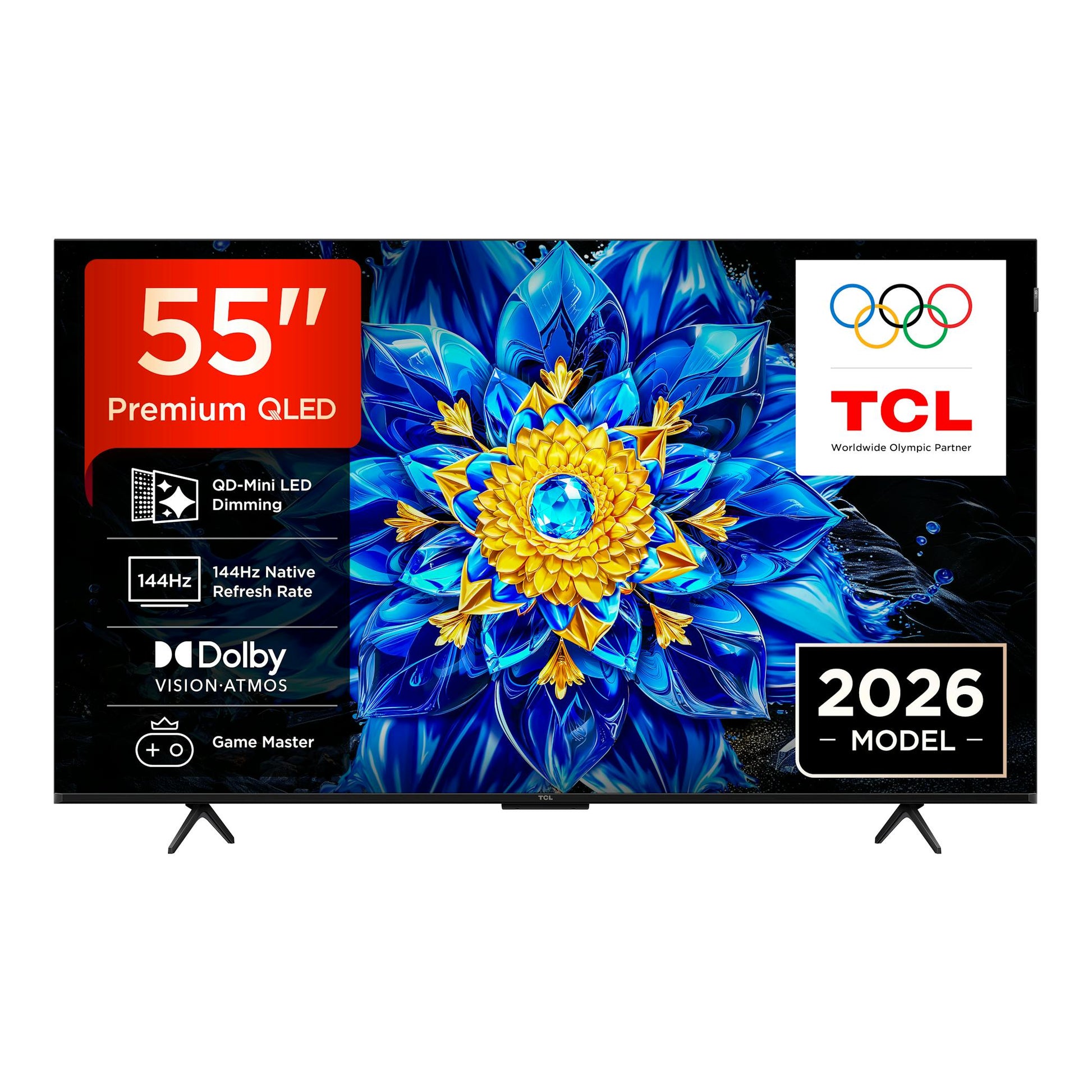 Televisor TCL 55P8L de frente, pantalla con gráfica azul y dorada, soporte negro.