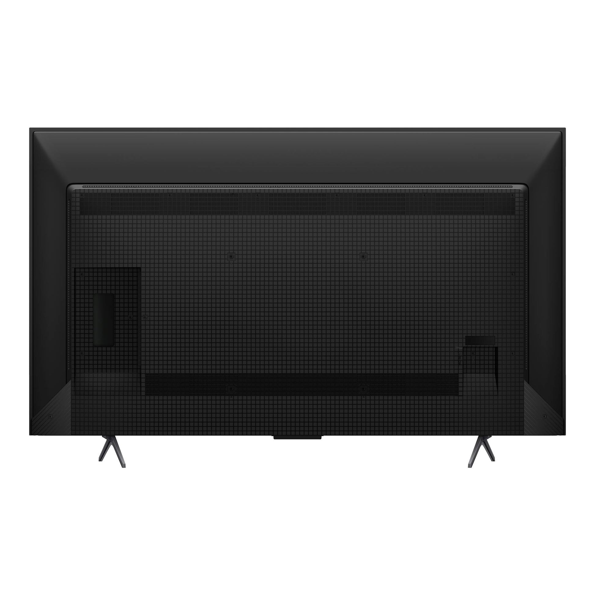 Televisor TCL 55P8L negro, vista trasera, con dos patas y panel posterior texturizado.