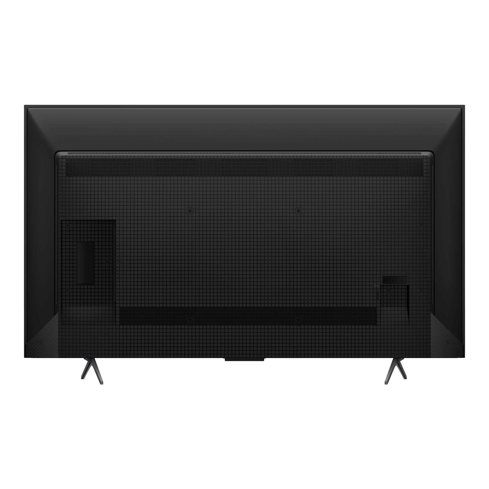 Televisor TCL 55P8L negro, vista trasera, con dos patas y panel posterior texturizado.