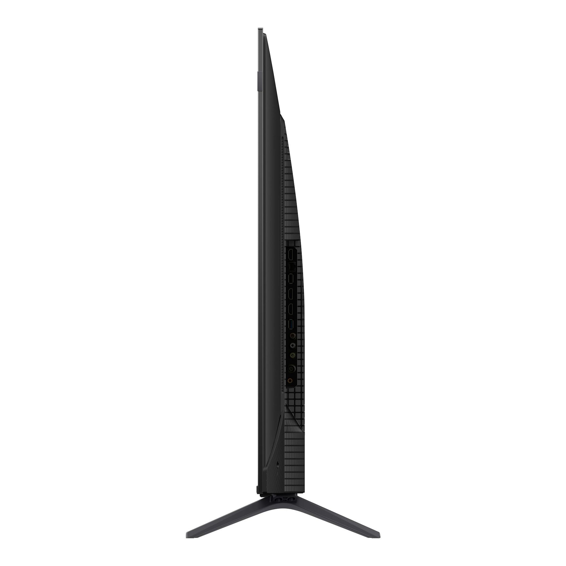 Televisor TCL 55P8L negro, vista lateral con base de patas y puertos traseros visibles.