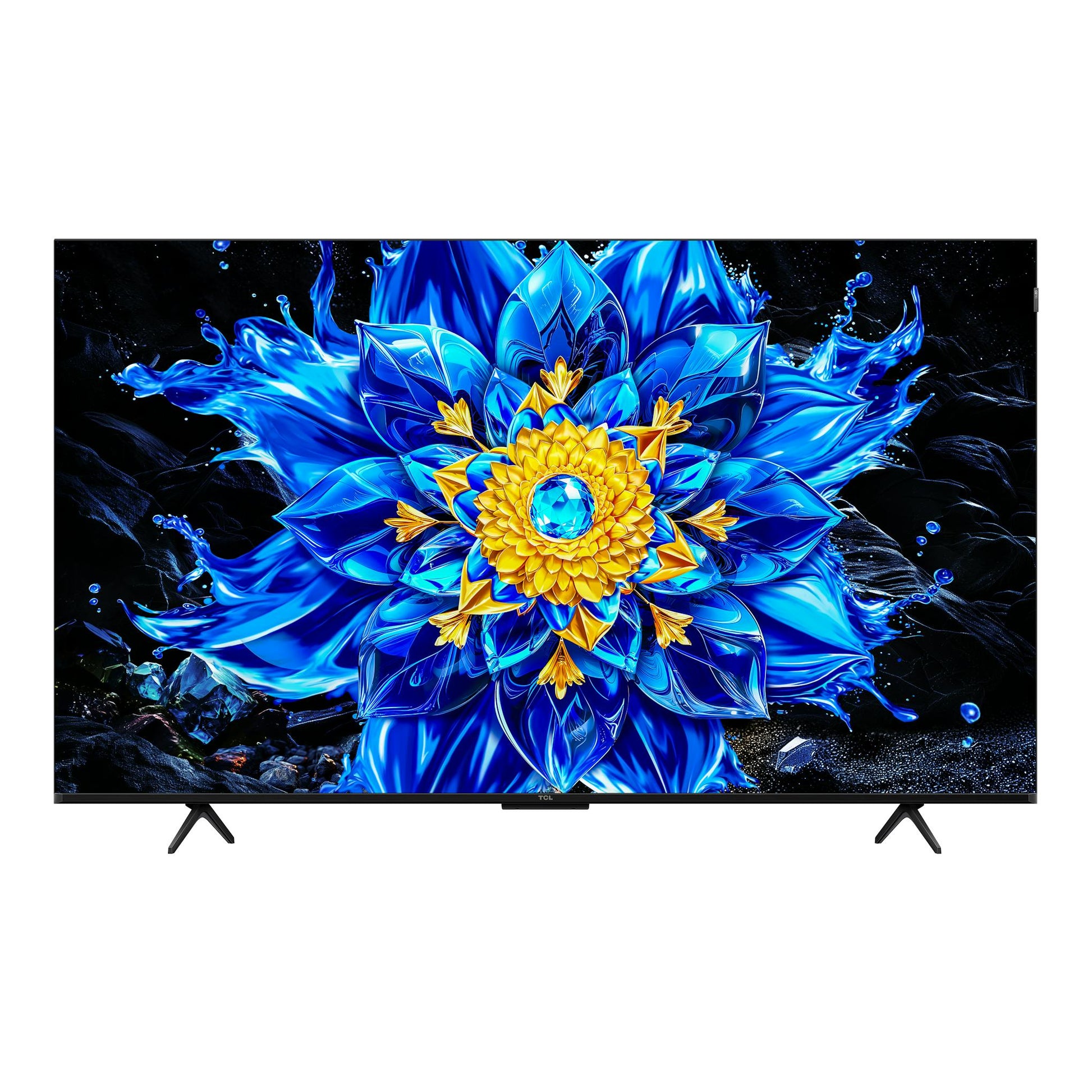 Televisor TCL 55P8L en vista frontal, negro, con patas; pantalla muestra flor abstracta azul y dorada.