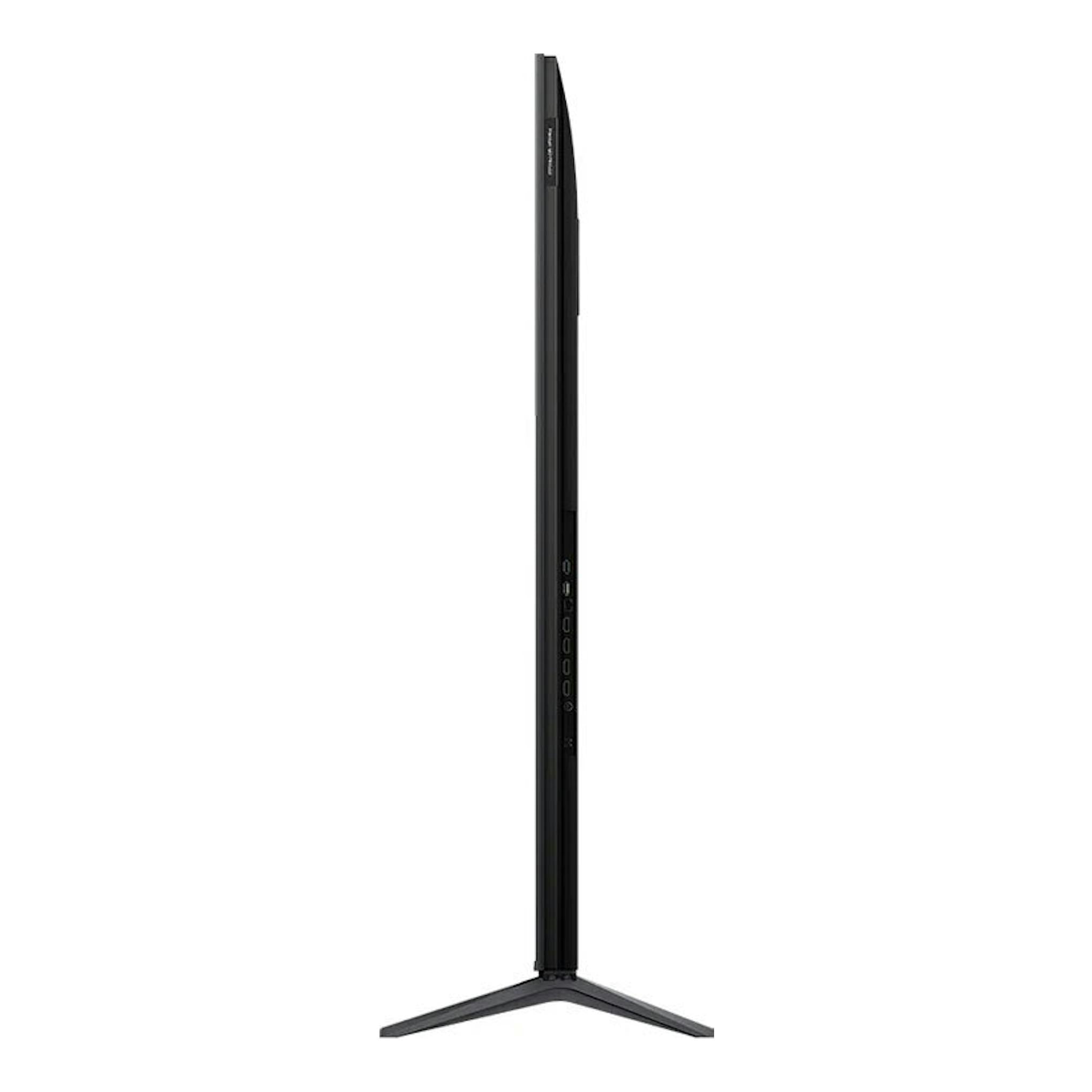TV TCL 55C6K MiniLED 4K de 55", vista lateral, carcasa negra y base en forma de V.