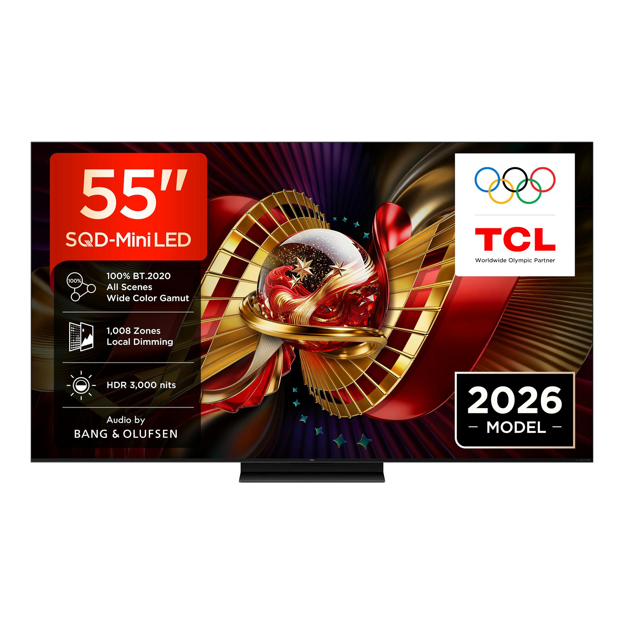 Televisor TCL 55C8L de 55 pulgadas, vista frontal, pantalla con gráficos promocionales en negro, rojo y dorado.