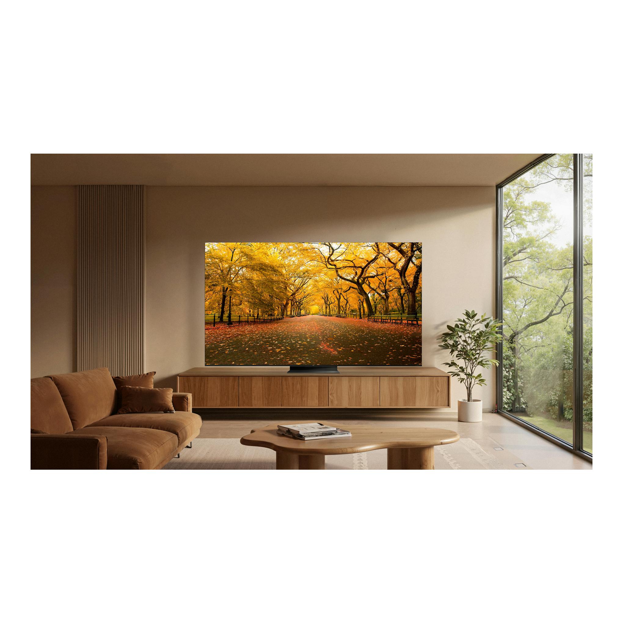 Televisor TCL 55C8L sobre mueble de madera en salón moderno, con imagen de parque otoñal.