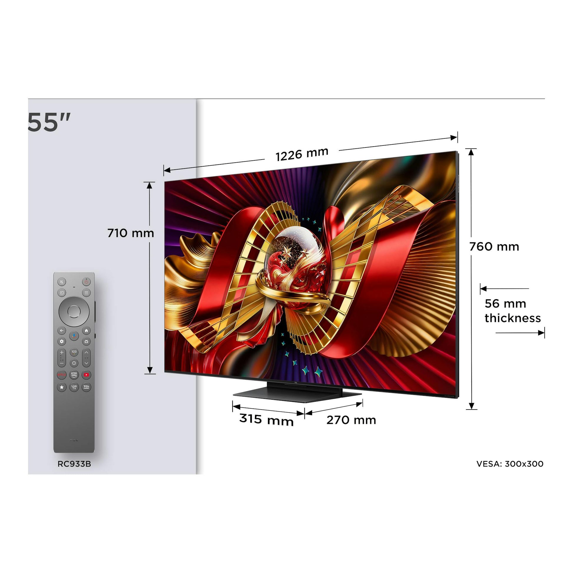TV TCL 55C8L de 55", vista frontal en ángulo, con mando y medidas de dimensiones.