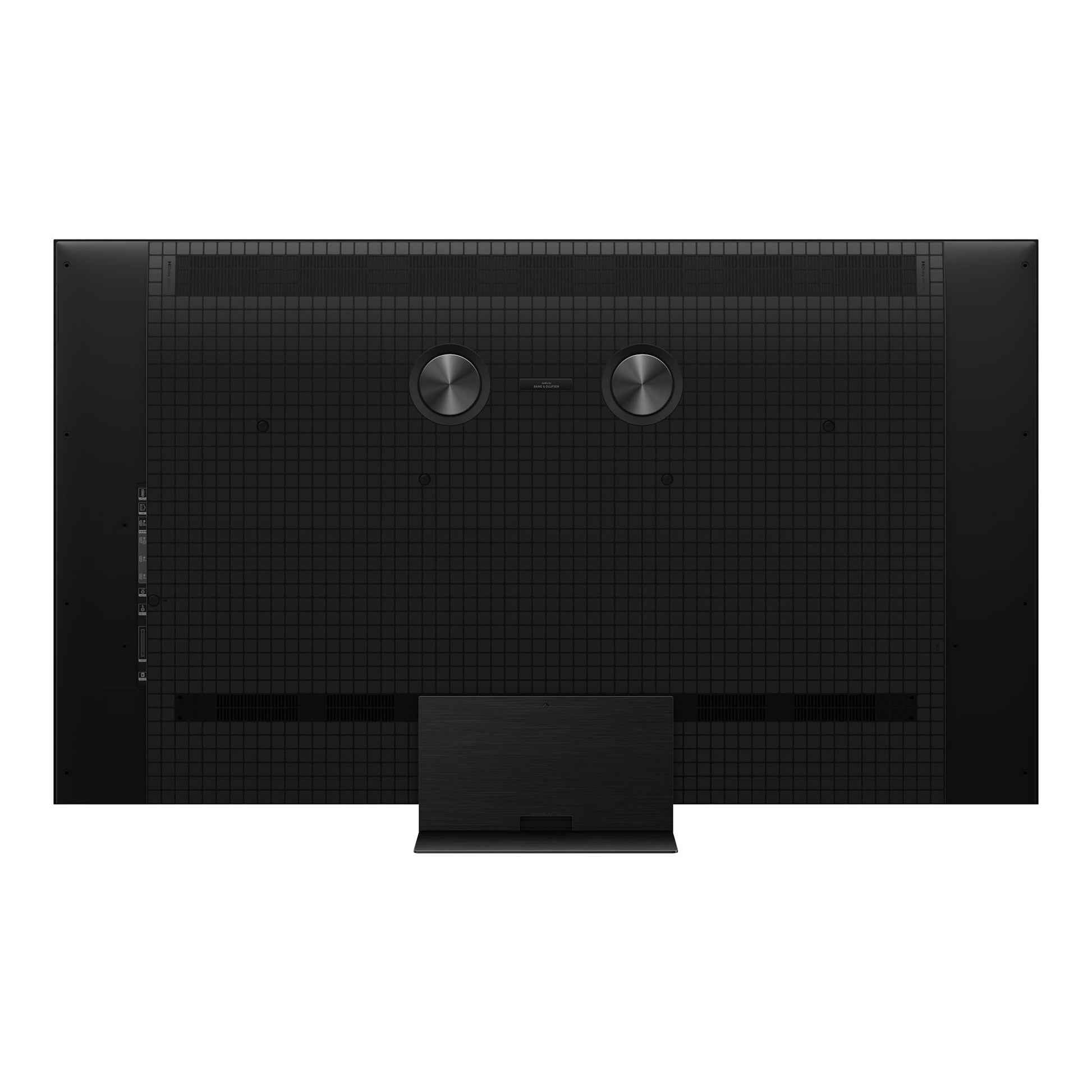 TV TCL 55C8L, vista trasera negra, con dos altavoces circulares y peana central.