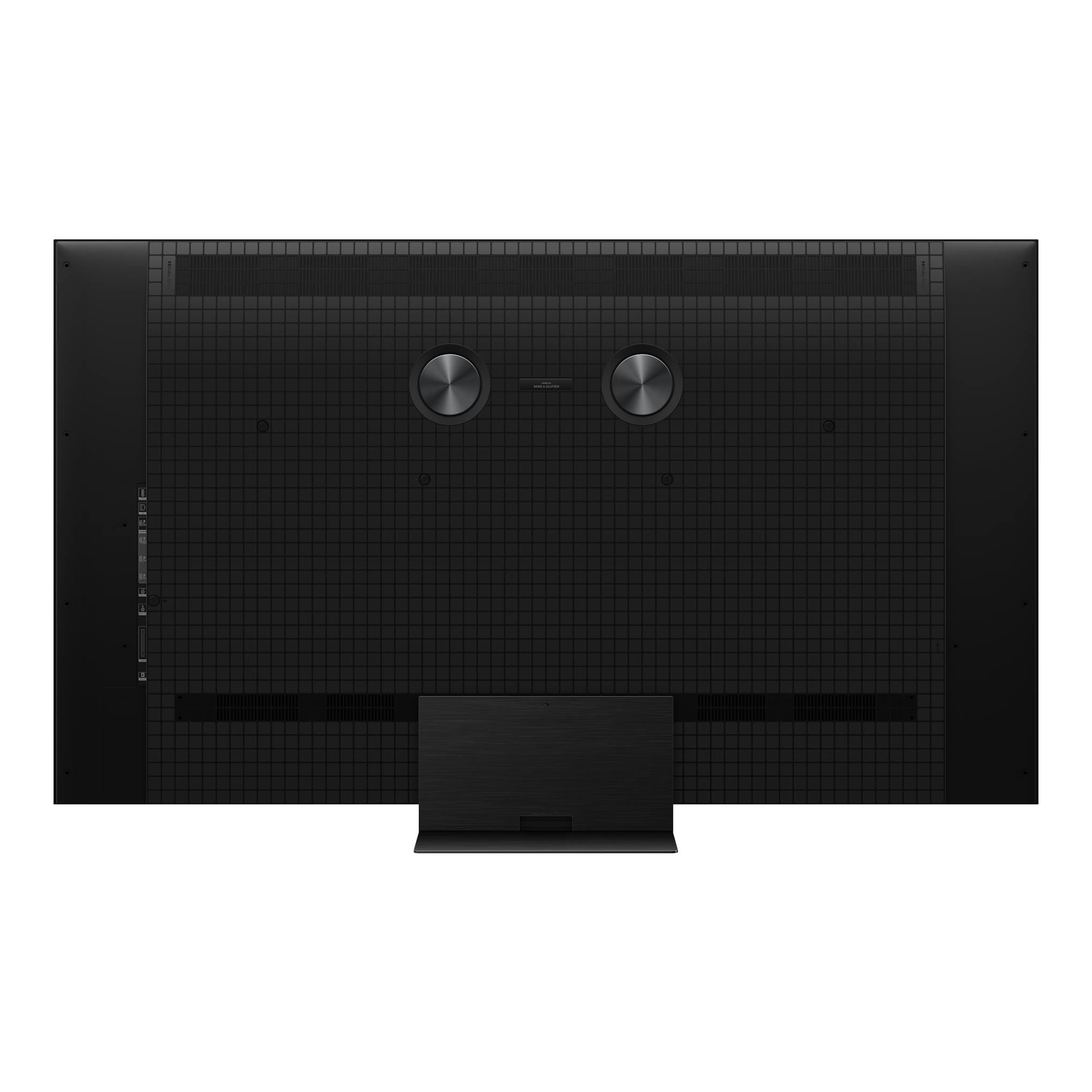 TV TCL 55C8L, vista trasera negra, con dos altavoces circulares y peana central.