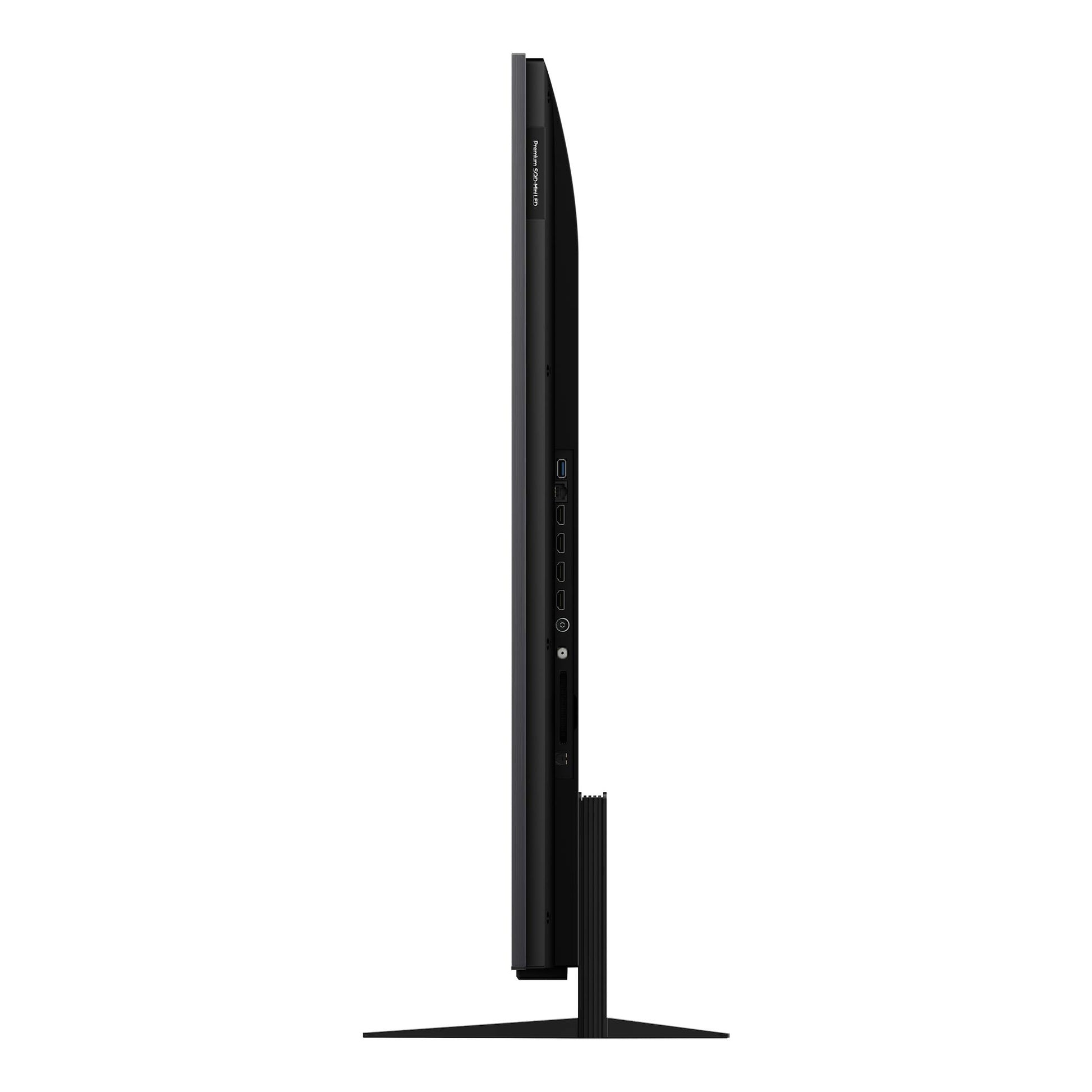 TV TCL 55C8L negra, vista lateral, con soporte y puertos HDMI/USB visibles.