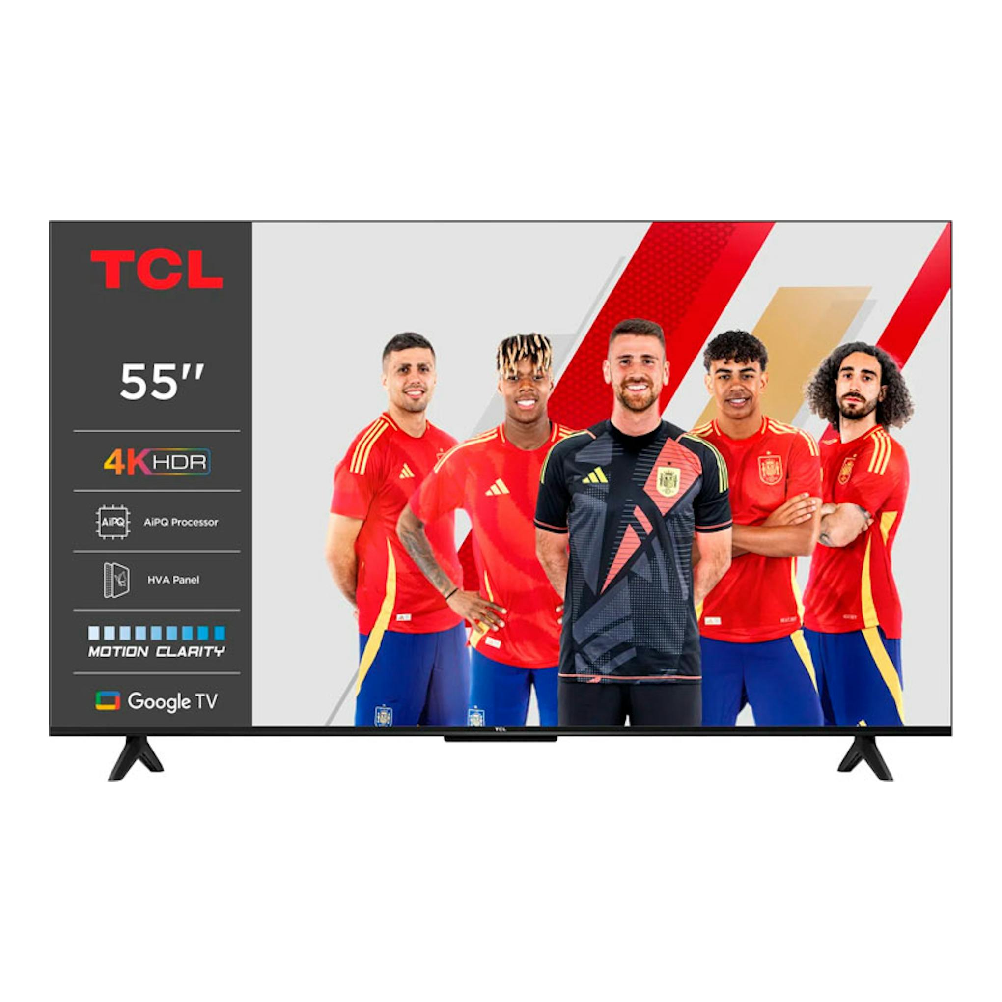 Televisor TCL 55P6K LED 4K de 55”, vista frontal, con cinco futbolistas en pantalla y patas negras.