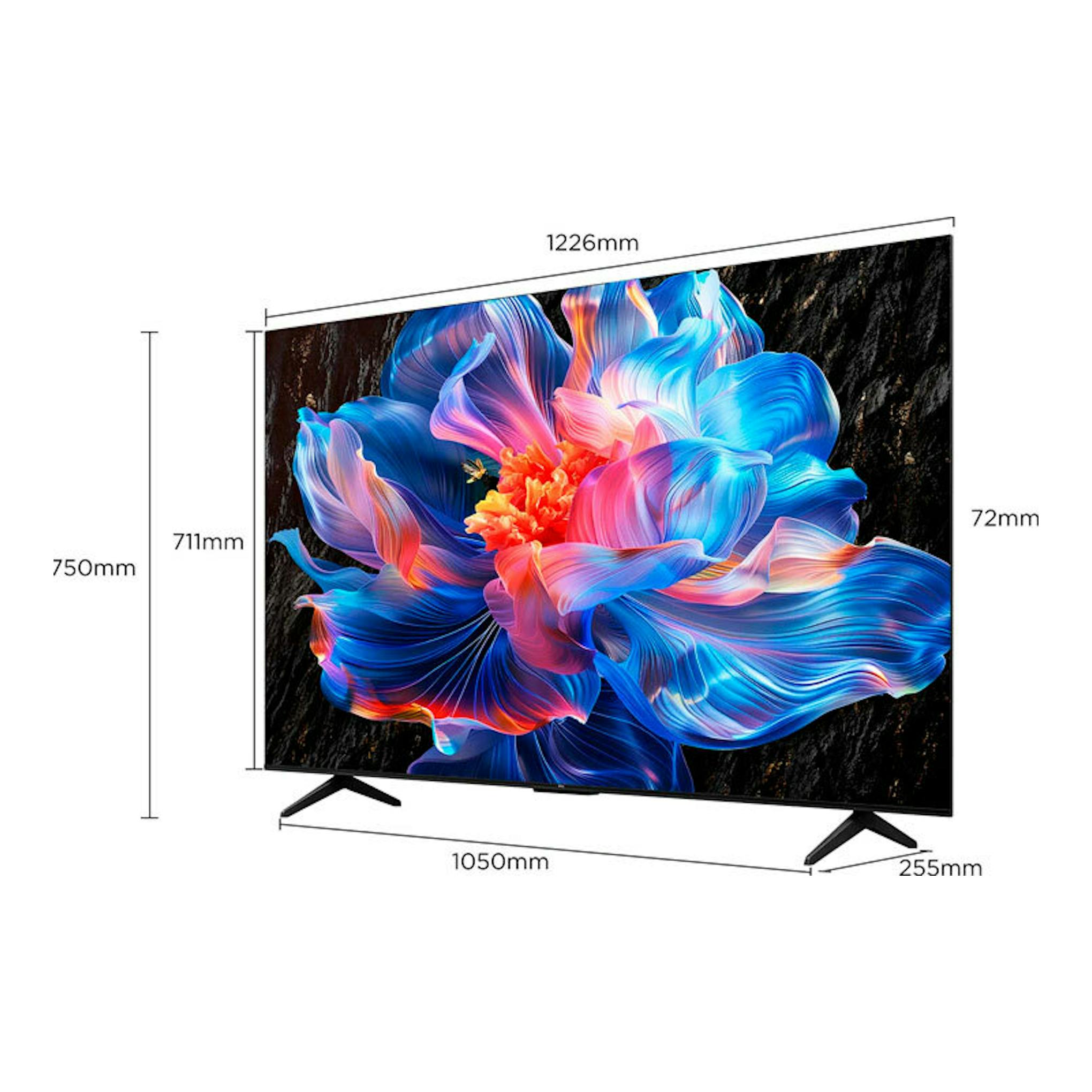 TV TCL 55P6K LED 4K de 55" en vista frontal inclinada, negra, con peana y flor multicolor en pantalla.