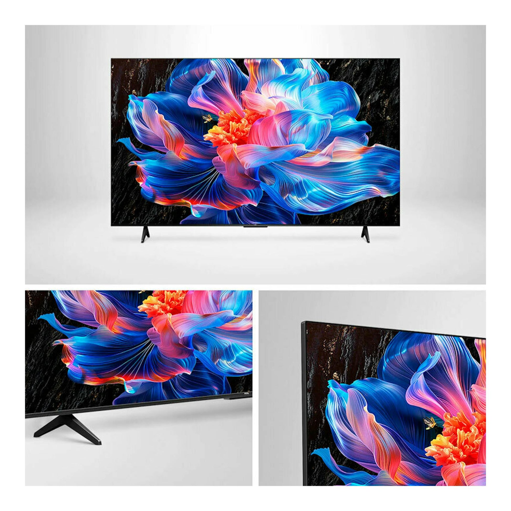 TV TCL 55P6K LED 4K de 55", vista frontal y en ángulo, con pantalla de flores multicolor y base negra.