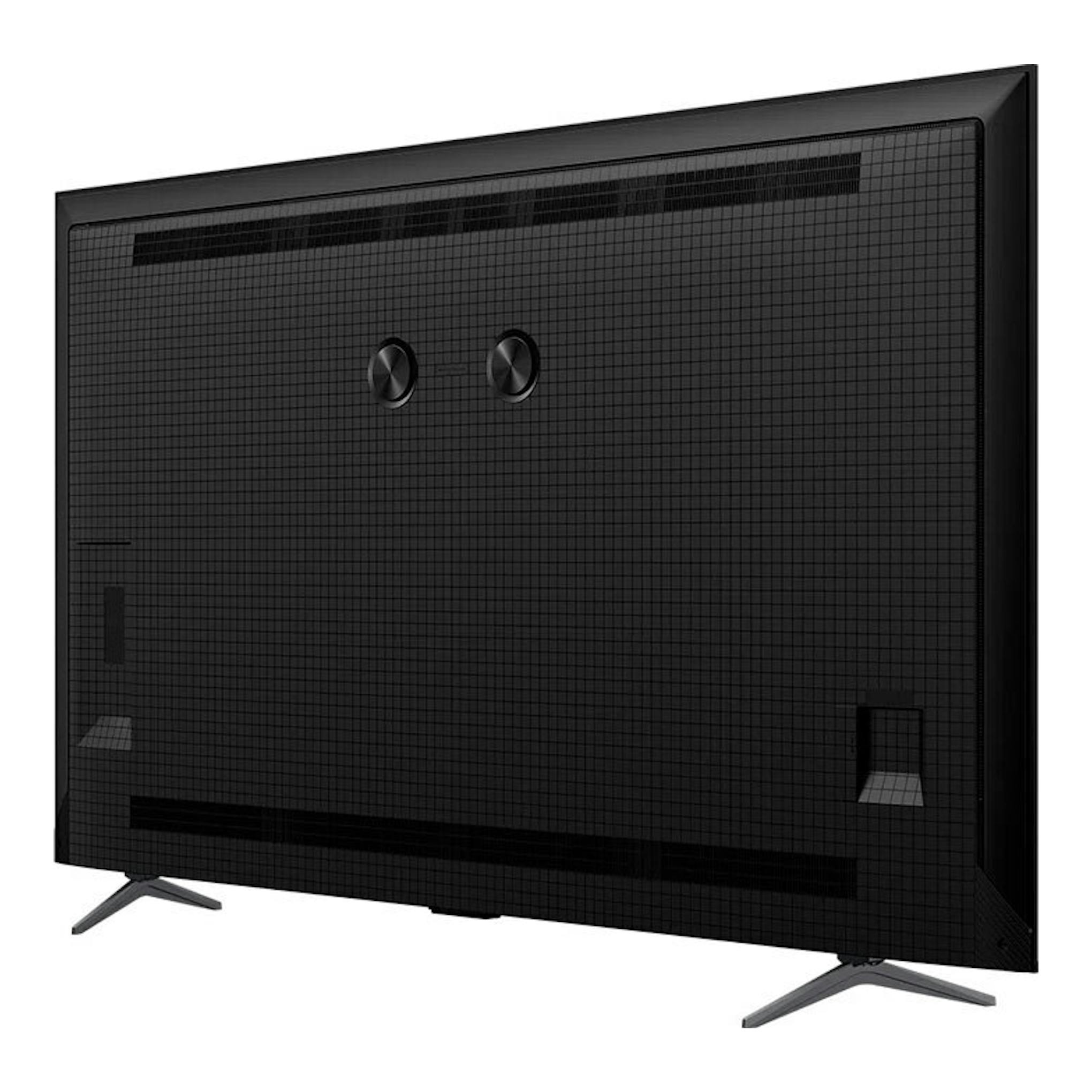 TV TCL 55P8K QLED 4K de 55 pulgadas, vista trasera, negro, con dos patas laterales.