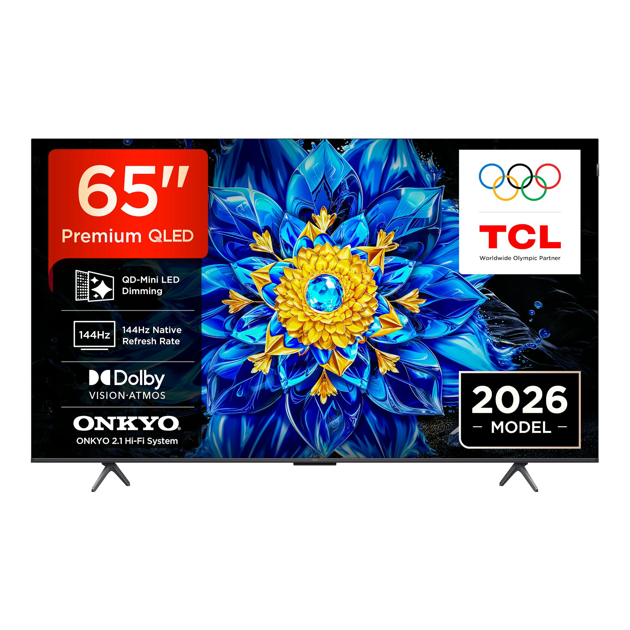 Televisor TCL 65P8L de frente, pantalla negra con patas, con anuncio de 65" Premium QLED en pantalla.