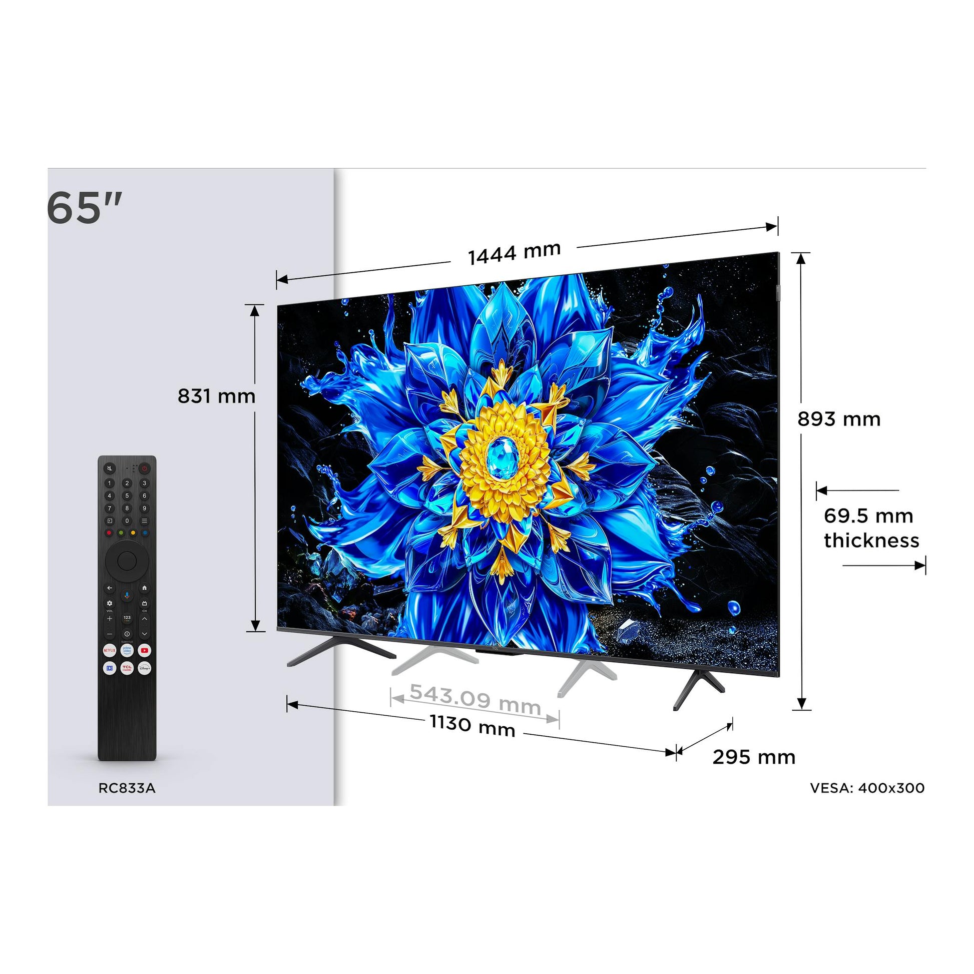 Televisor TCL 65P8L de 65", vista frontal, negro, con mando y medidas.
