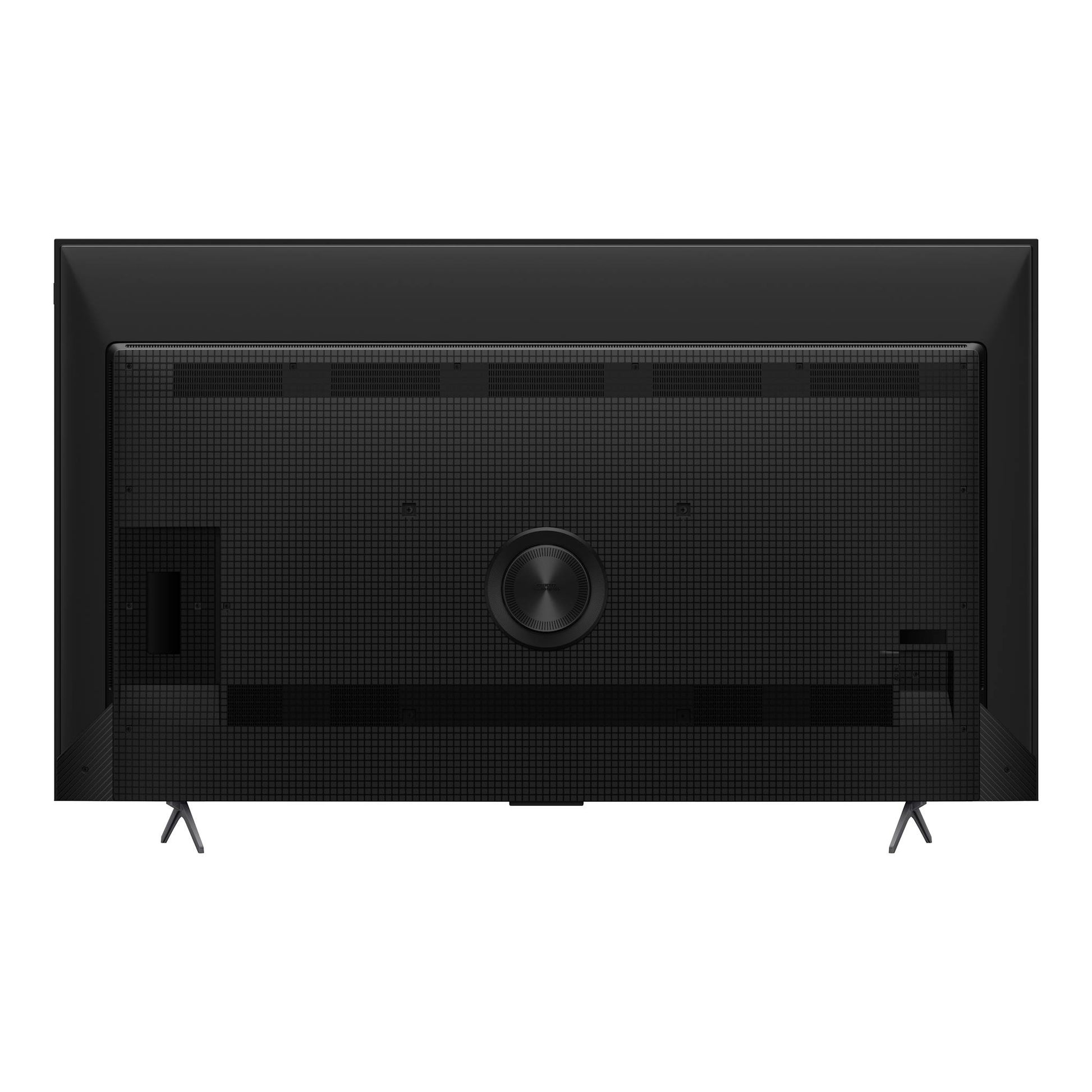 Vista trasera de un televisor TCL 65P8L negro, con patas y panel posterior texturizado.