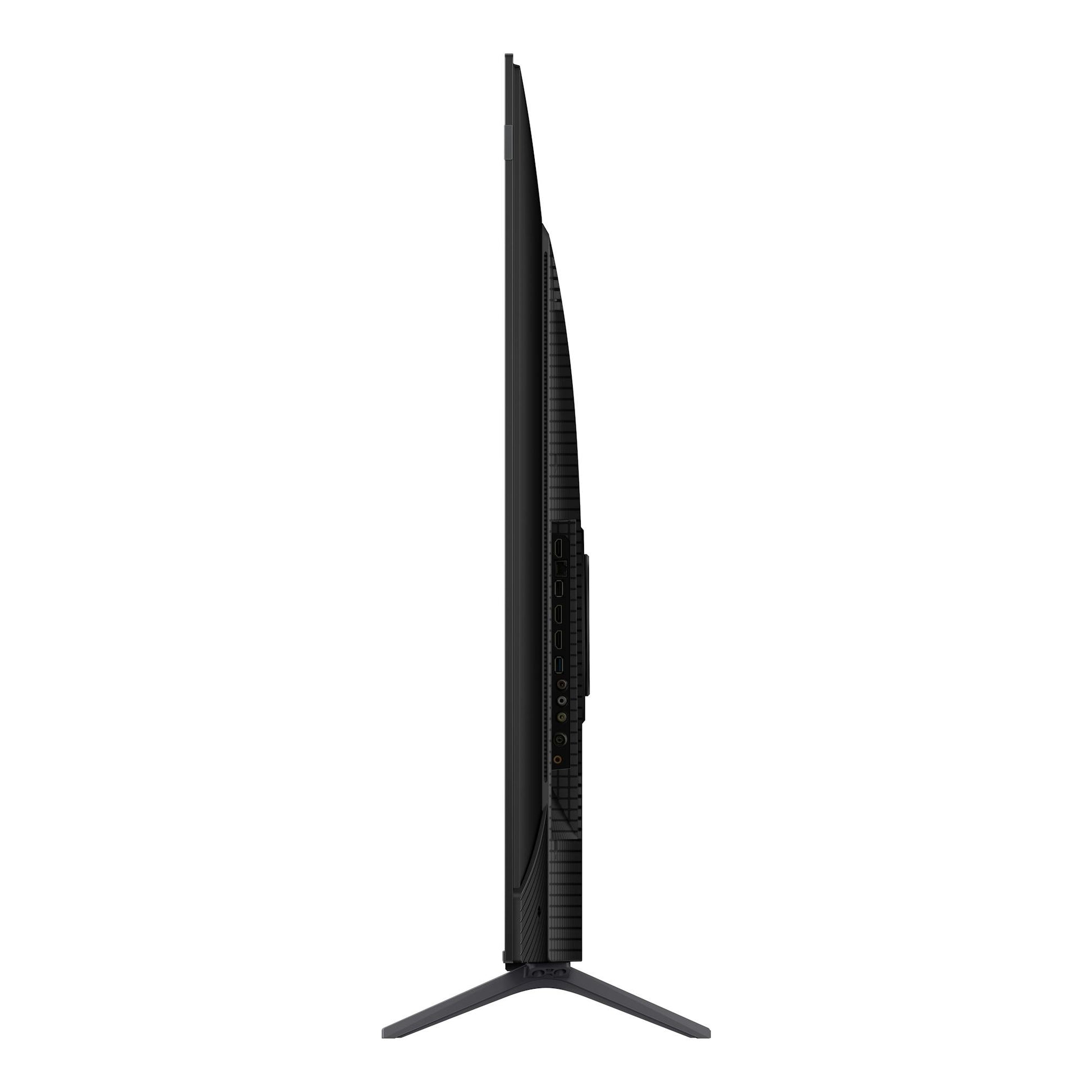 Televisor TCL 65P8L negro, vista lateral, sobre soporte en V, con puertos visibles.