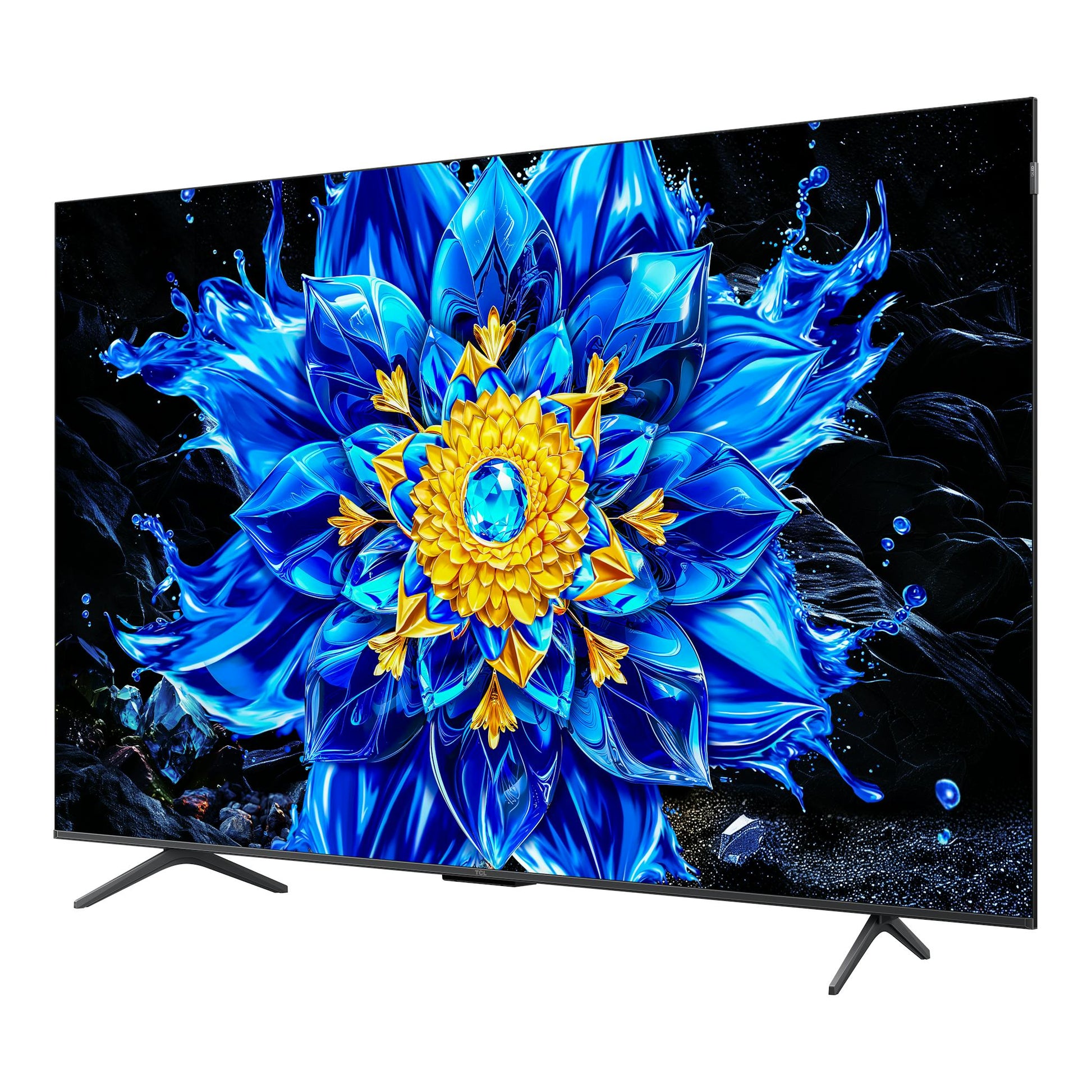 Televisor TCL 65P8L negro, vista frontal en ángulo, con dos patas y pantalla con imagen abstracta azul y dorada.