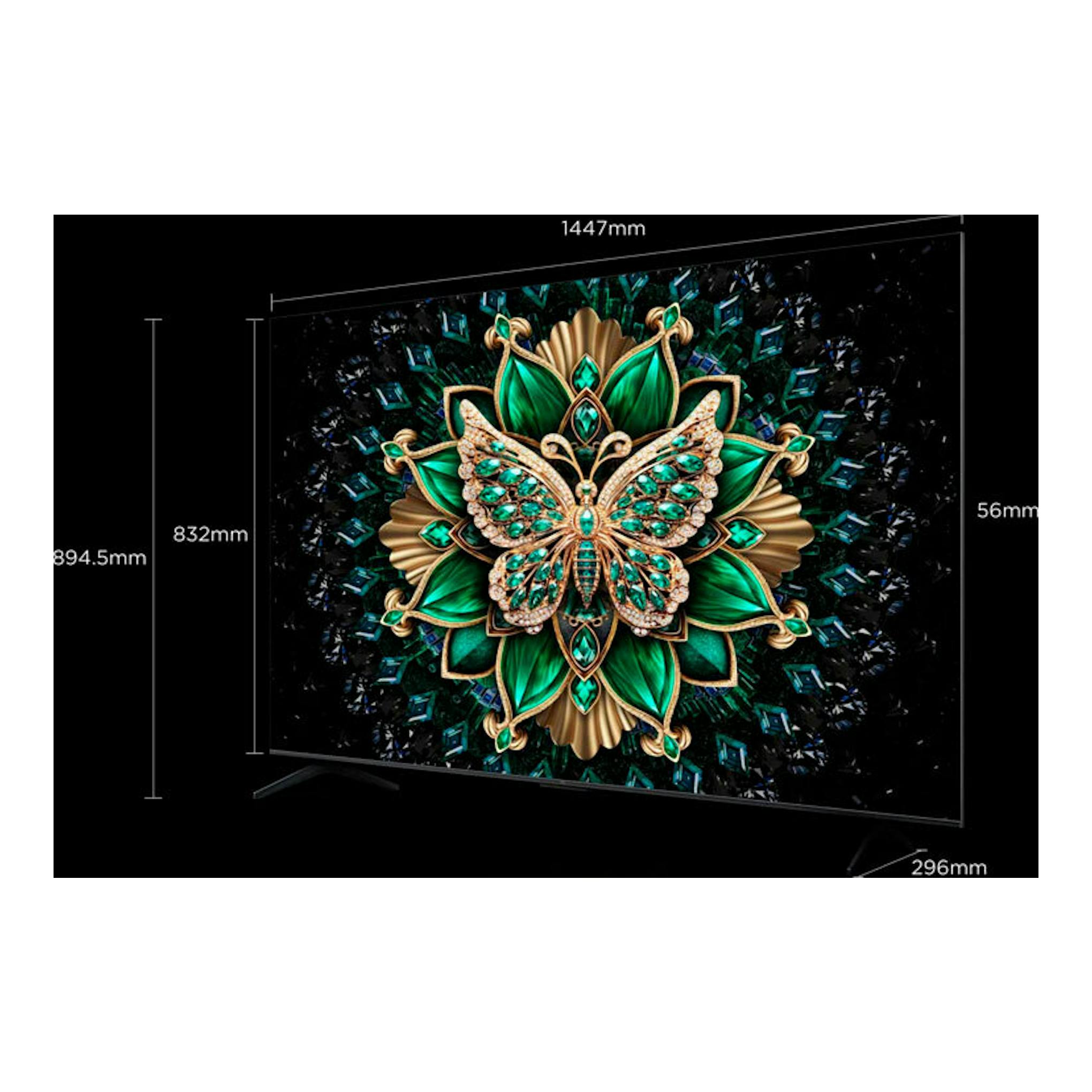 TV TCL 65C6K MiniLED 4K de 65", vista frontal en ángulo, pantalla negra con diseño de mariposa y medidas.