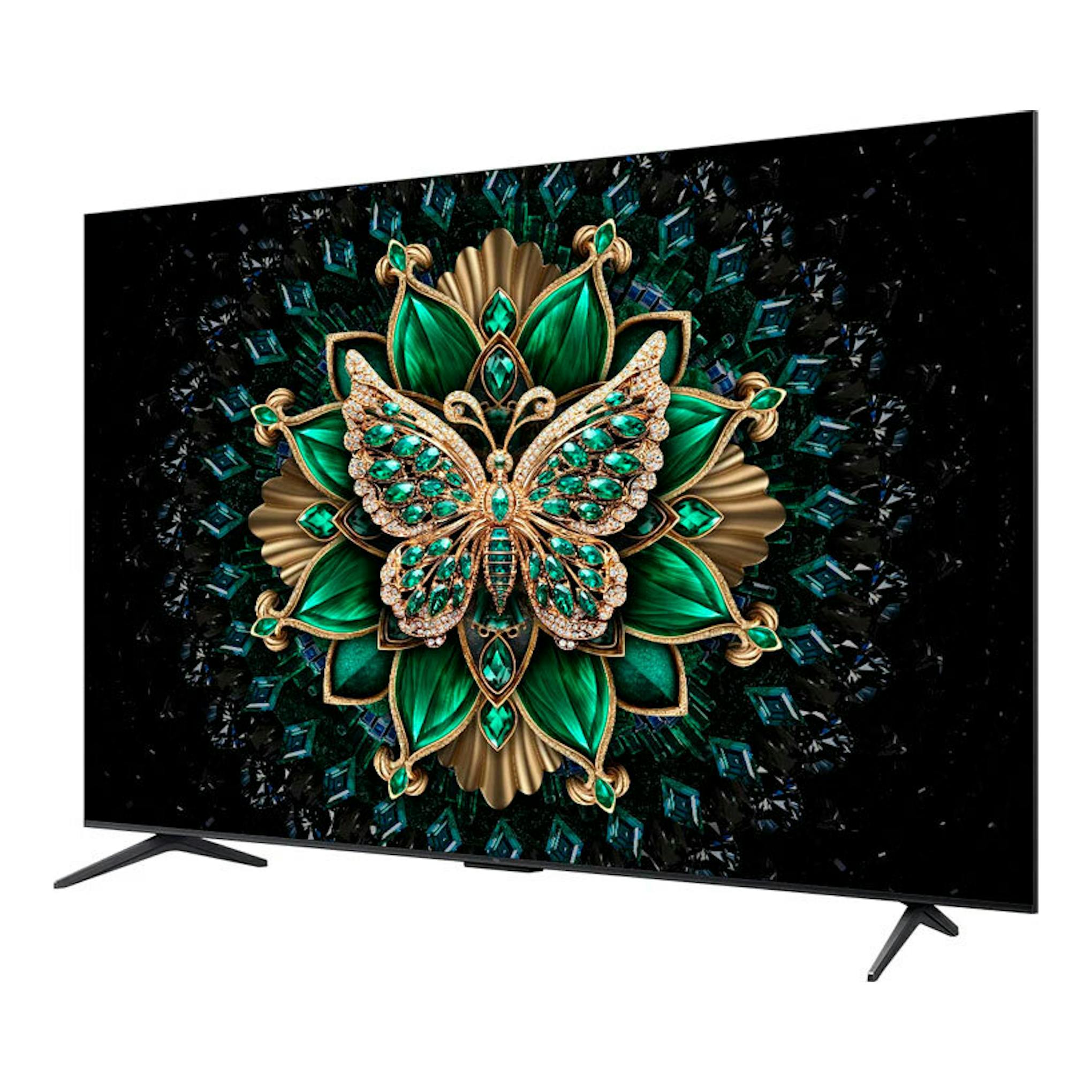 TV TCL 65C6K MiniLED 4K de 65", vista frontal en ángulo, pantalla con mariposa y patas laterales.