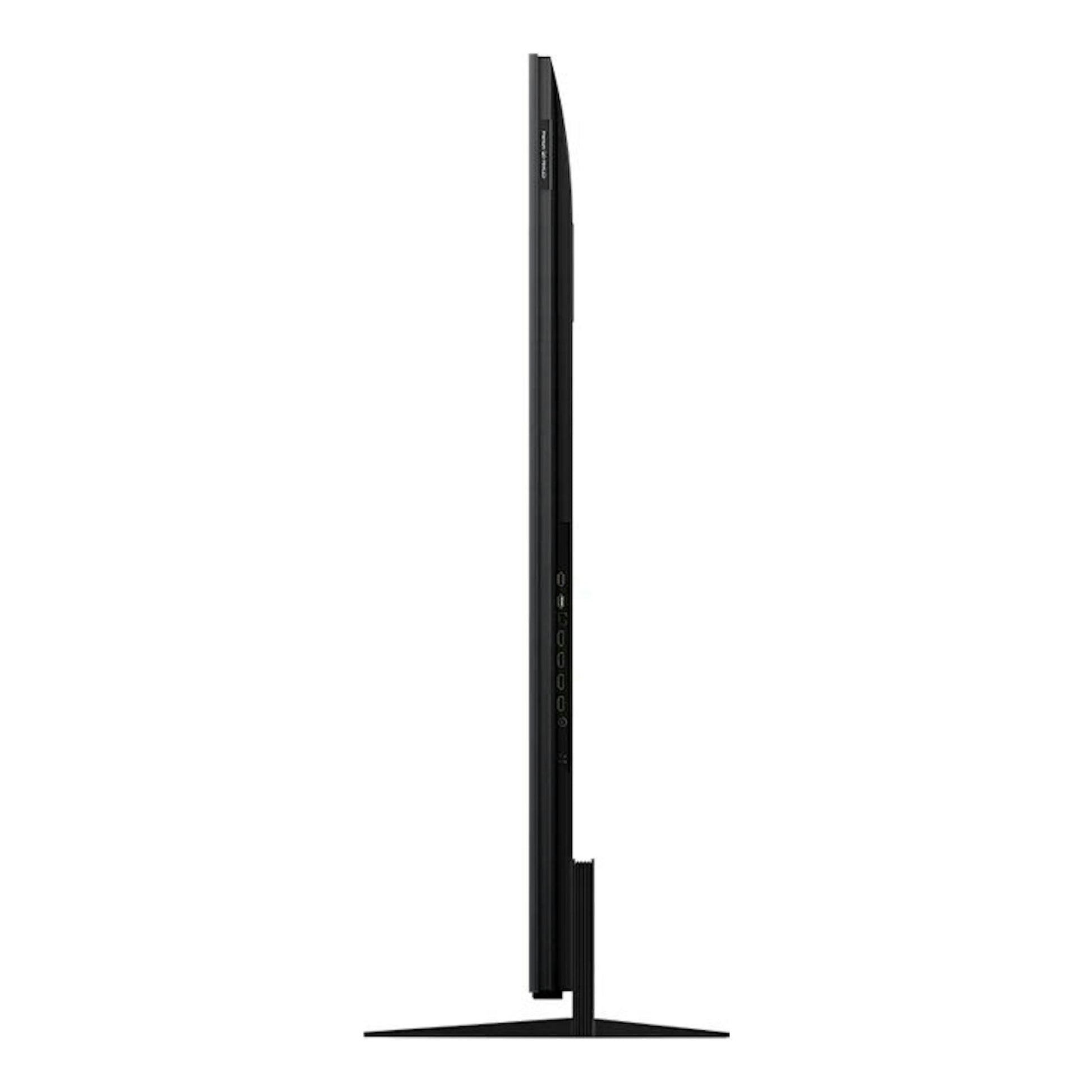 TV TCL 65C7K negra, vista lateral, perfil delgado sobre base, fondo blanco.