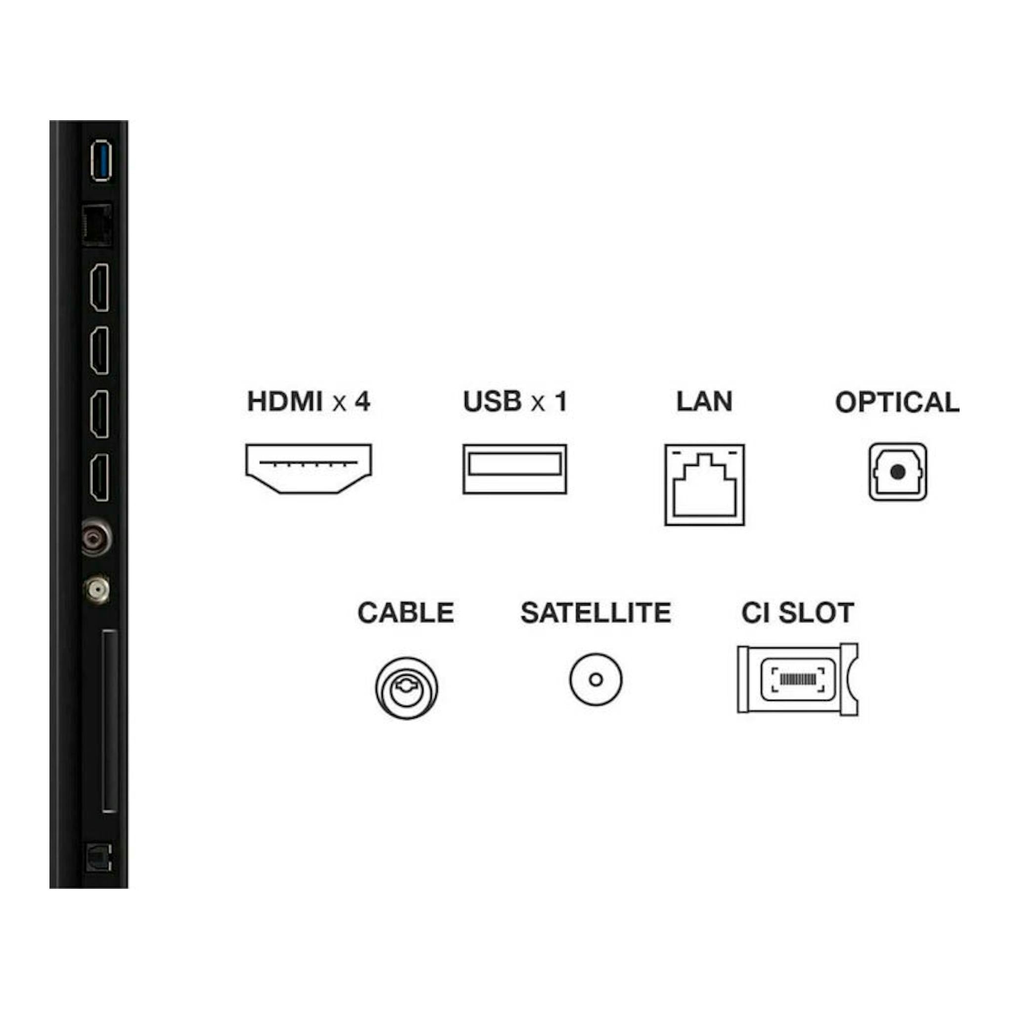 TCL 65C7K: vista lateral de puertos HDMI, USB, LAN, óptica, cable, satélite y ranura CI.