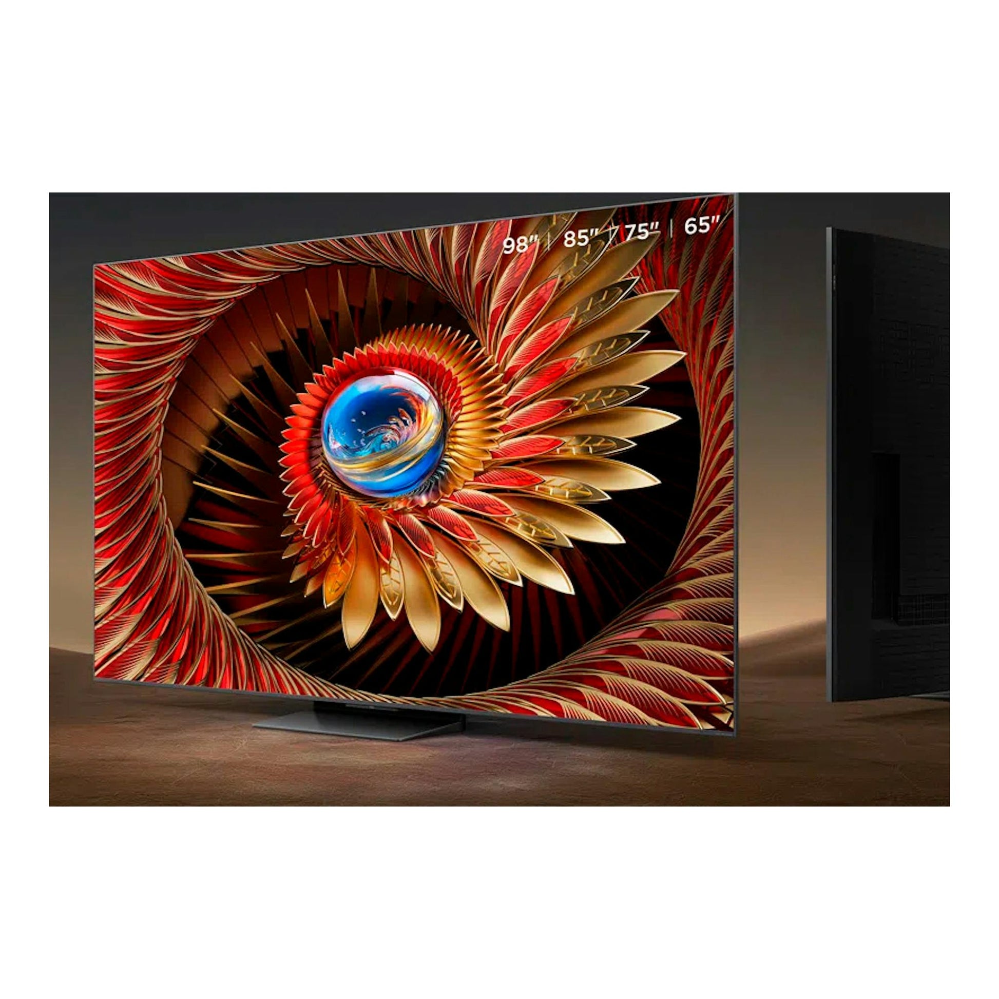 Televisor TCL 65C8K MiniLED 4K de 65 pulgadas, vista frontal en ángulo con imagen abstracta roja y dorada.