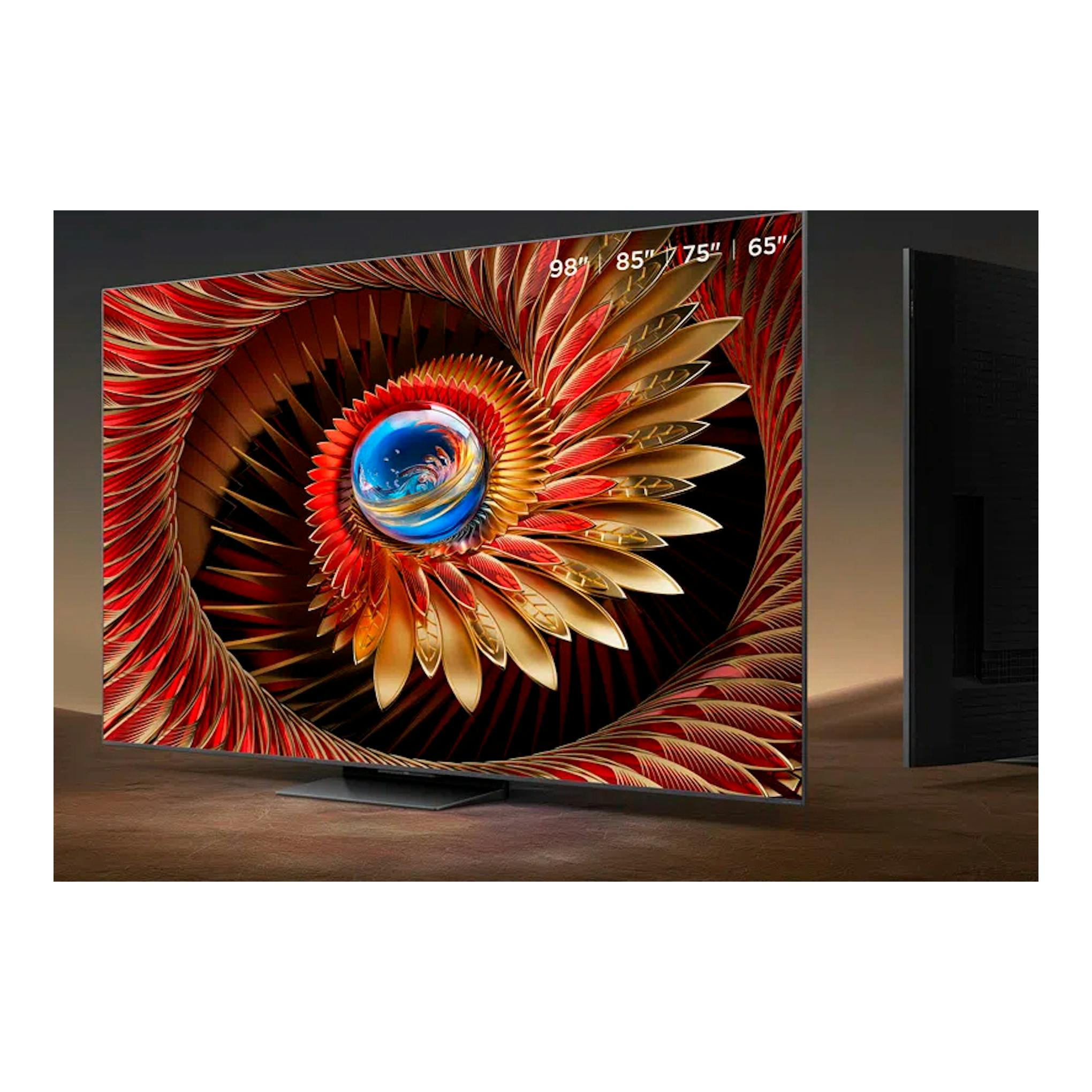 Televisor TCL 65C8K MiniLED 4K de 65 pulgadas, vista frontal en ángulo con imagen abstracta roja y dorada.
