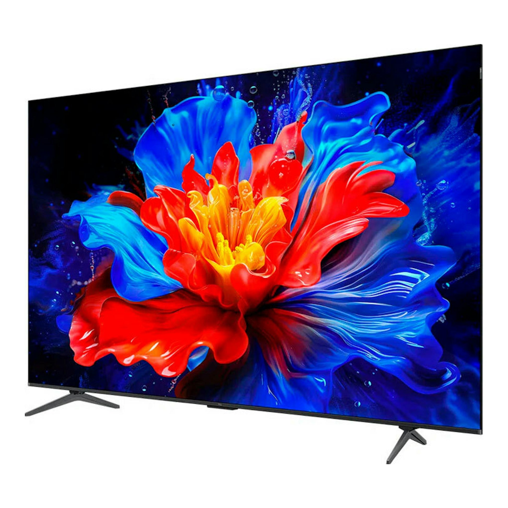 TV TCL 65P8K QLED 4K de 65 pulgadas, vista frontal en ángulo, marco negro y patas, con imagen de flor multicolor.