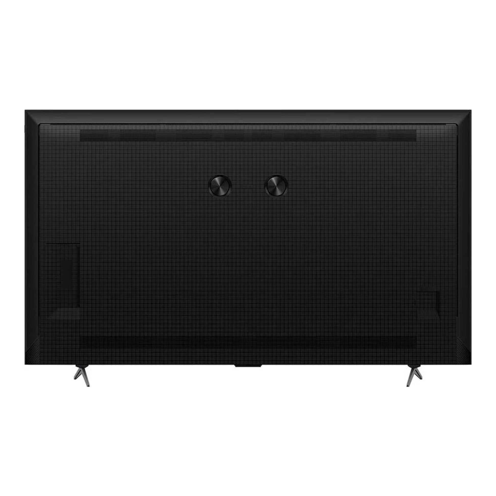 TV TCL 65P8K QLED 4K negra, vista trasera, con dos patas y panel posterior texturizado.