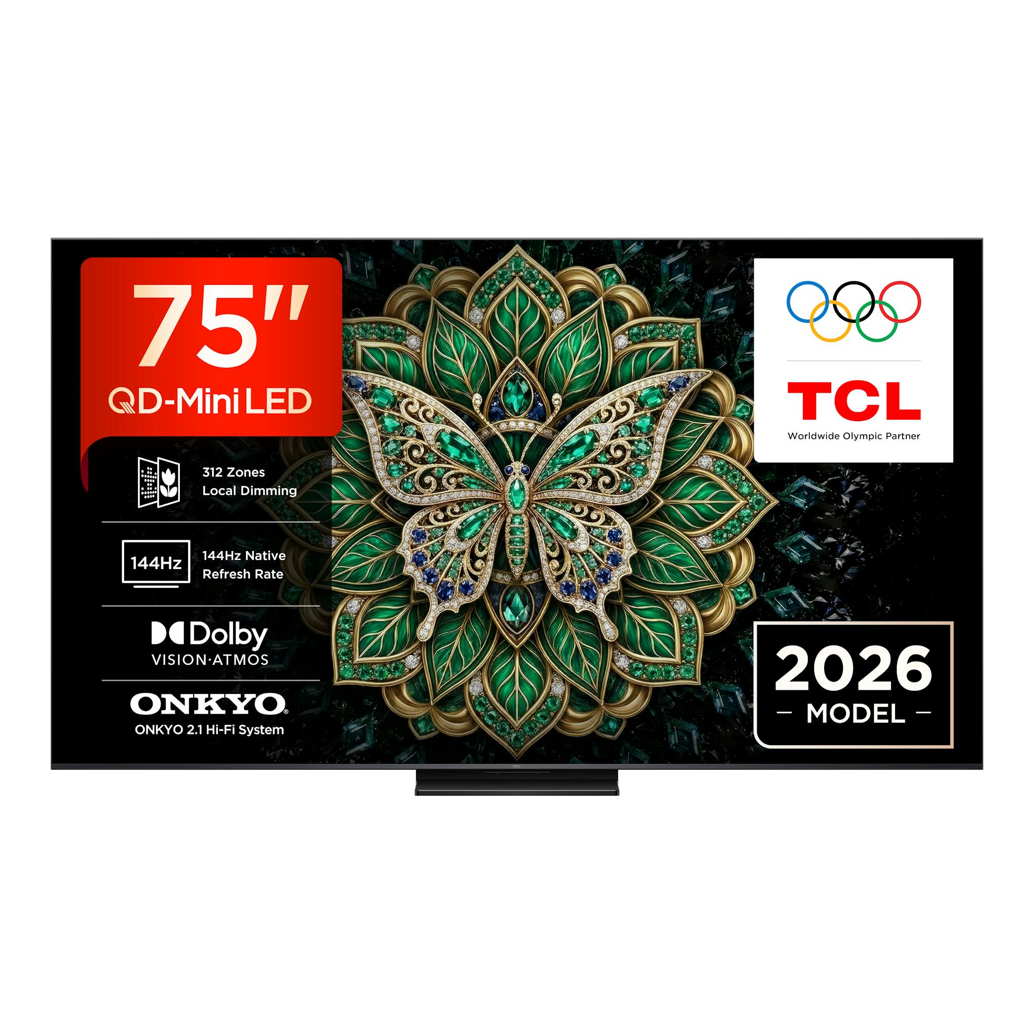 Televisor TCL 75C6K Pro, vista frontal, pantalla negra con gráfico QD-Mini LED y sello 2026.