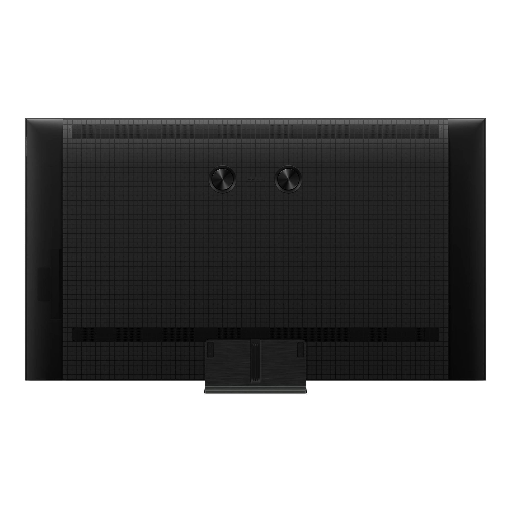 Vista trasera de un televisor TCL negro, con dos altavoces/cubiertas circulares y peana central.