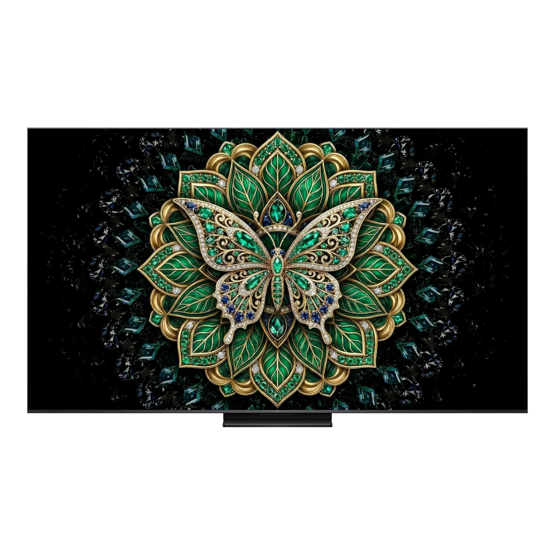 Televisor TCL 75C6K Pro, vista frontal, pantalla con mariposa ornamental verde y dorada sobre fondo negro.