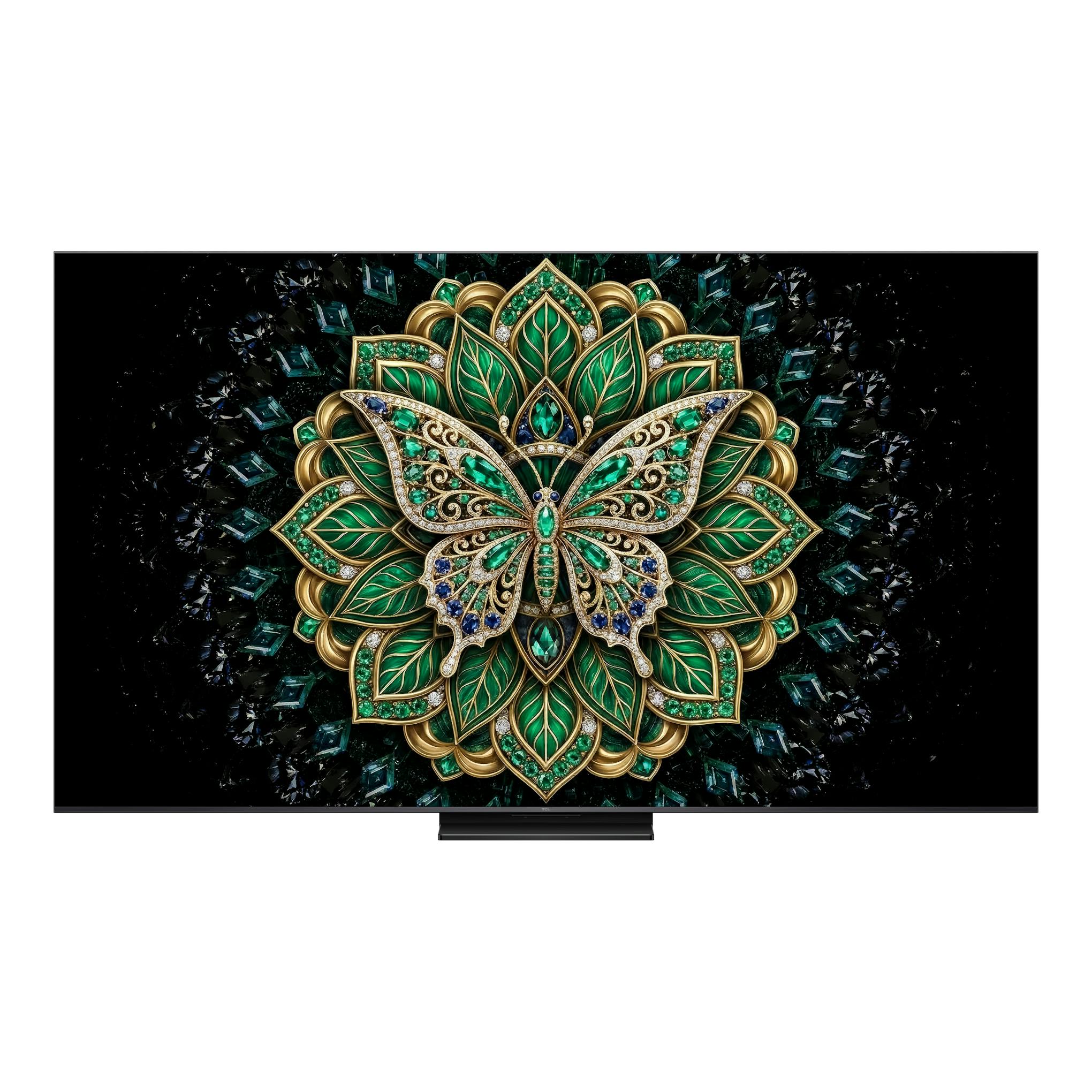 Televisor TCL 75C6K Pro, vista frontal, pantalla con mariposa ornamental verde y dorada sobre fondo negro.