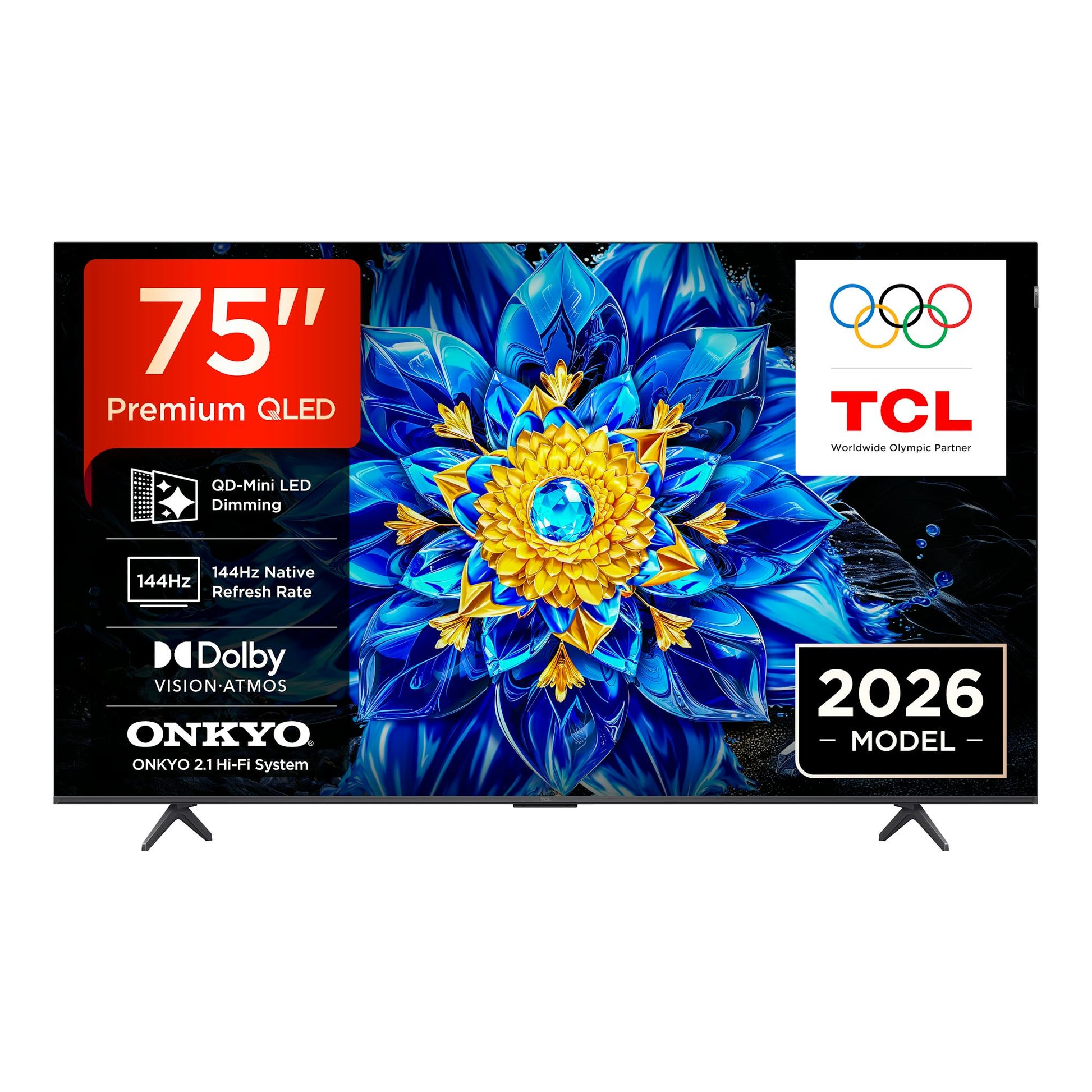 Televisor TCL 75P8L, vista frontal, con imagen floral azul y dorada y sellos de Mini LED, 144 Hz y Dolby.