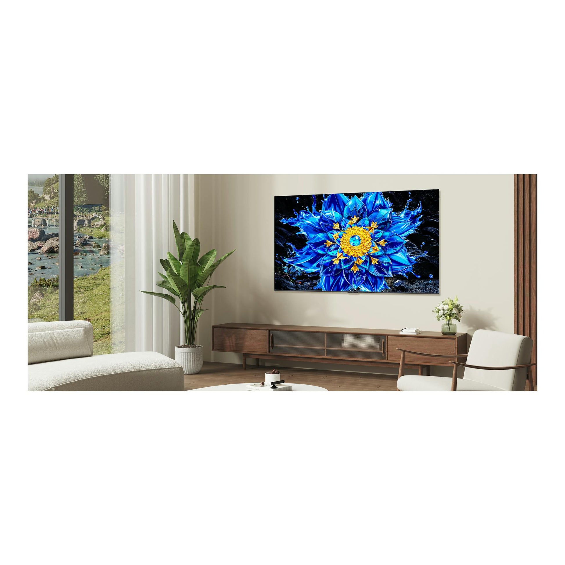 Televisor TCL 75P8L negro, vista frontal, montado en pared, con imagen floral azul.