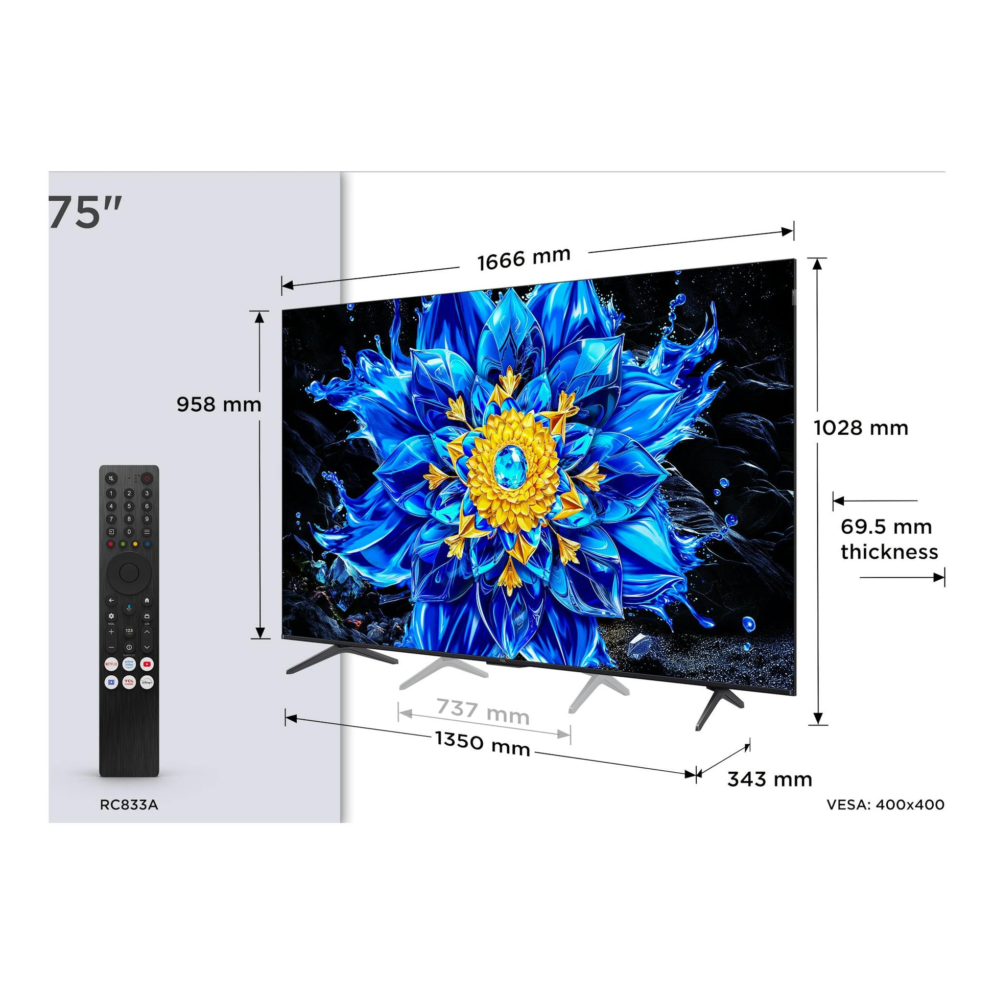 Televisor TCL 75P8L de 75", vista 3/4 frontal, con pantalla azul y dorada, mando a distancia.
