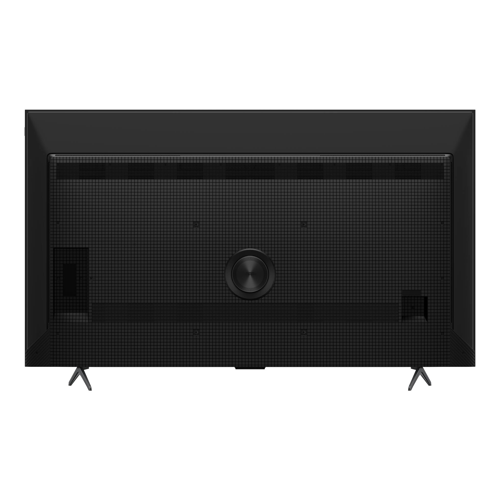 Parte trasera de un televisor TCL 75P8L negro, con patas laterales y panel trasero texturizado.